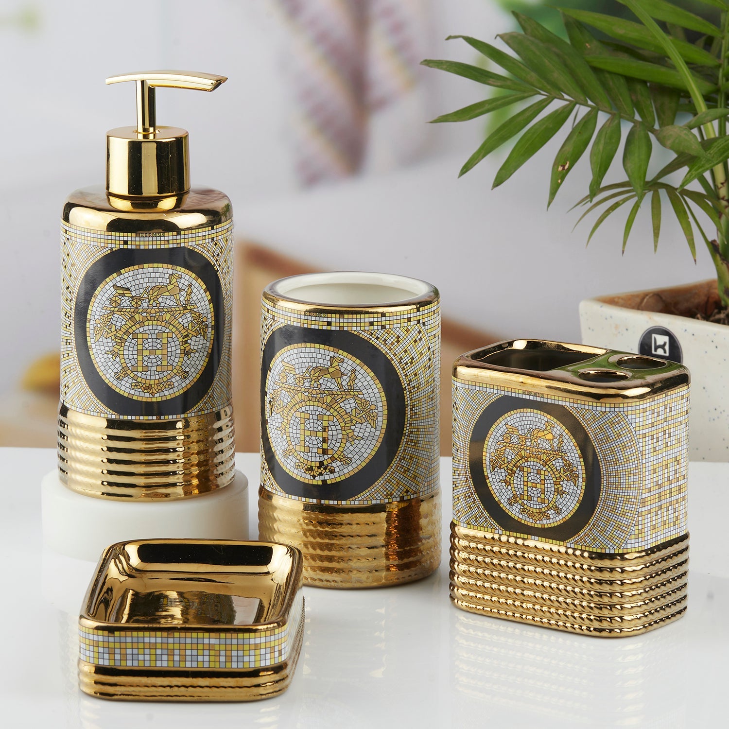 Ceramic Bathroom Set of 4 with Soap Dispenser (9744)