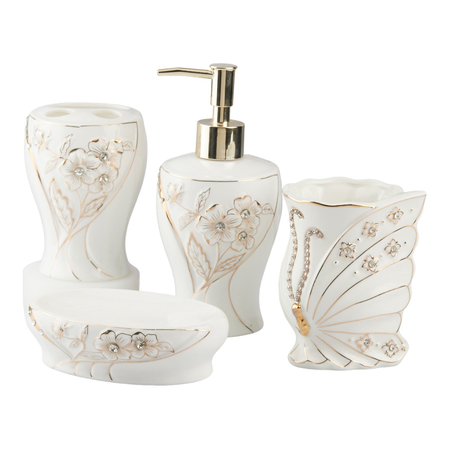 Ceramic Bathroom Accessories Set of 4 with Soap Dispenser (10372)