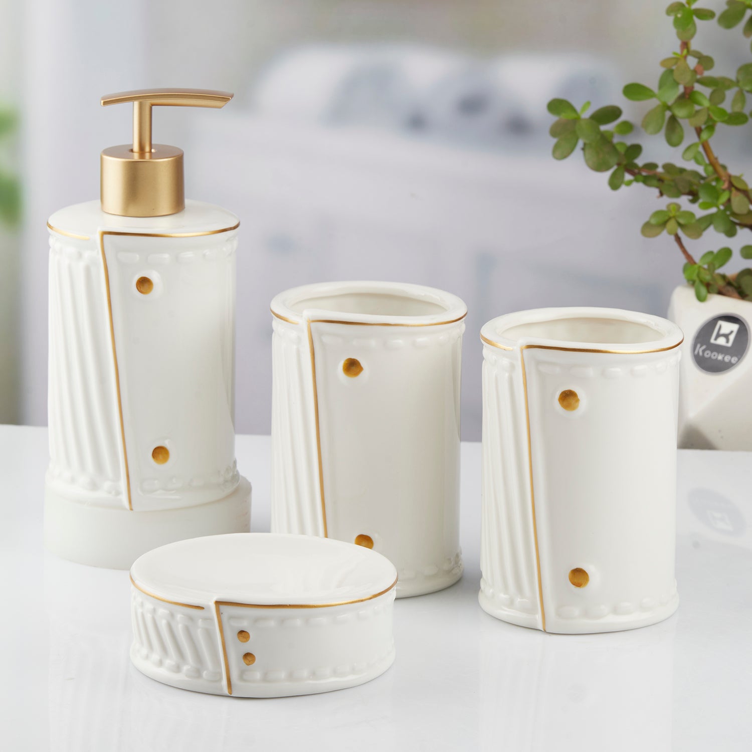 Ceramic Bathroom Set of 4 with Soap Dispenser (10373)