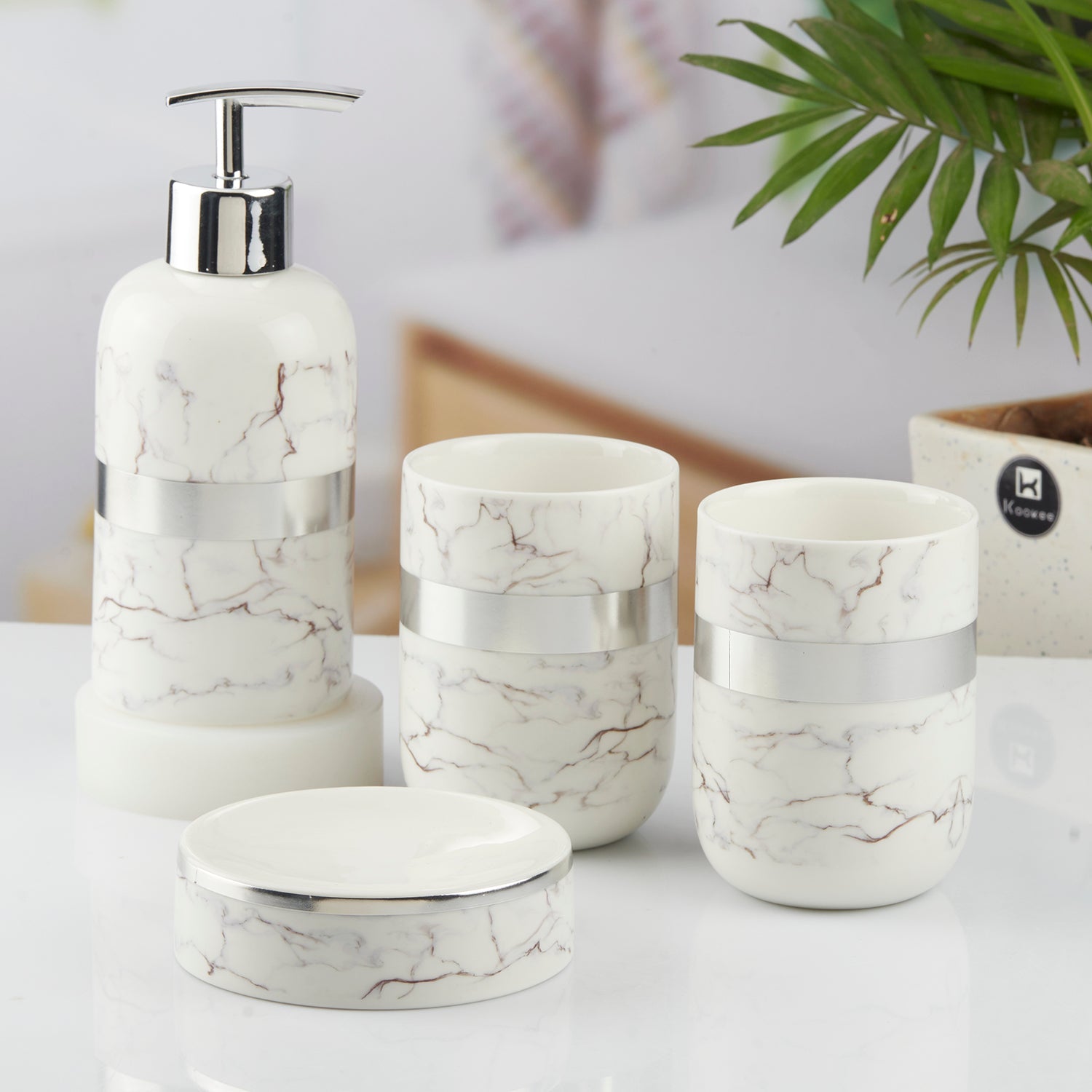 Ceramic Bathroom Set of 4 with Soap Dispenser (10376)
