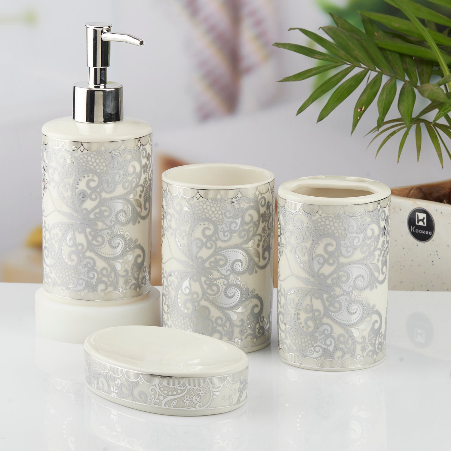 Ceramic Bathroom Set of 4 with Soap Dispenser (10377)
