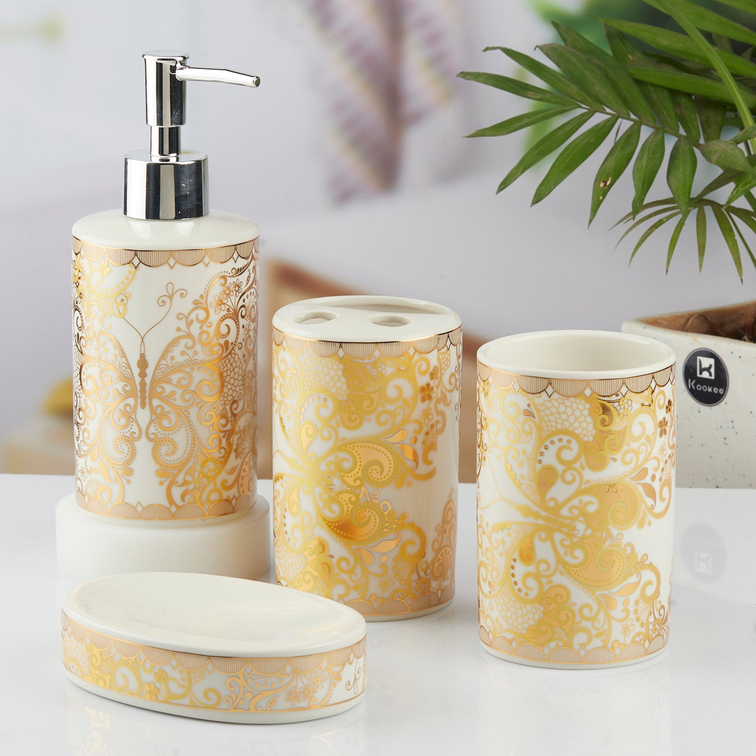 Ceramic Bathroom Set of 4 with Soap Dispenser (10377)