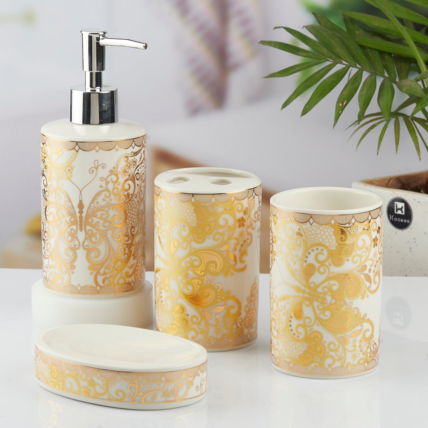 Ceramic Bathroom Set of 4 with Soap Dispenser (10378)