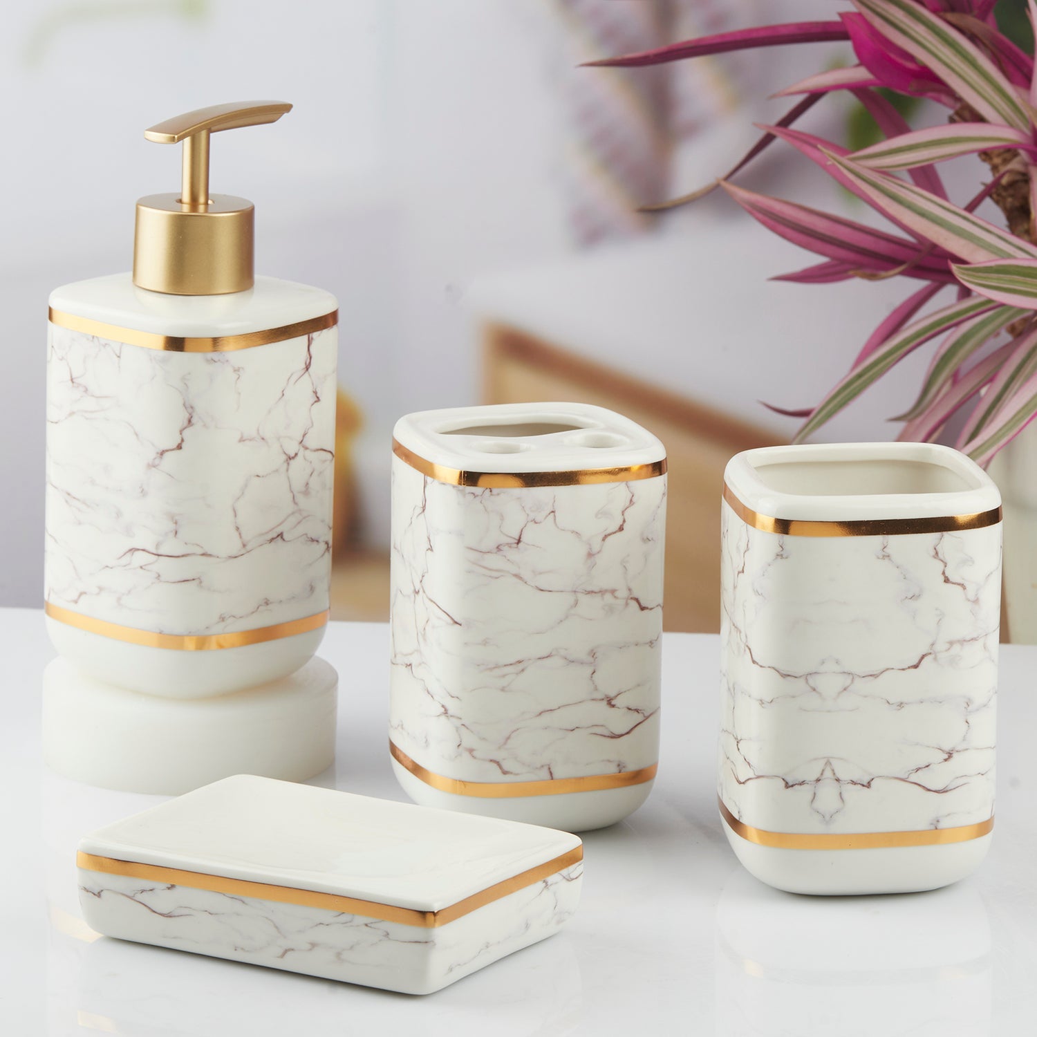 Ceramic Bathroom Accessories Set of 4 with Soap Dispenser (10379)