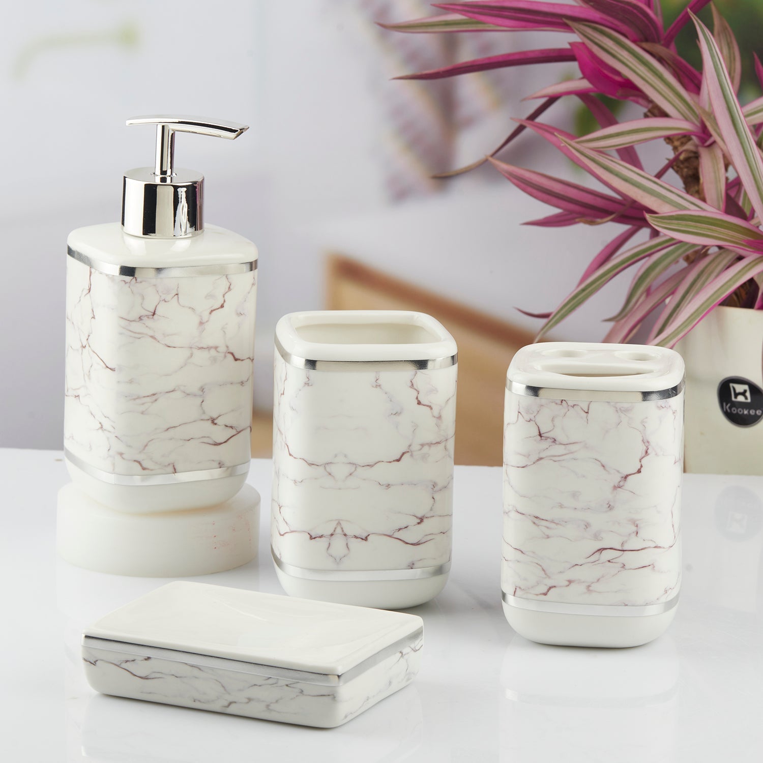 Ceramic Bathroom Accessories Set of 4 with Soap Dispenser (10379)