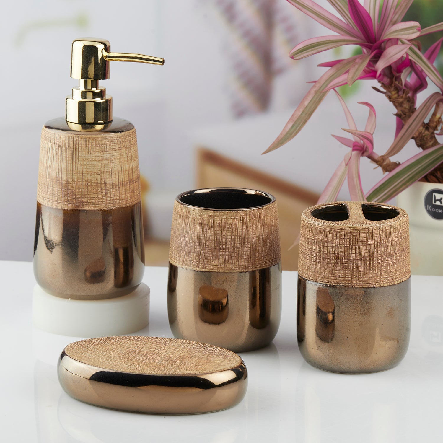 Ceramic Bathroom Set of 4 with Soap Dispenser (10386)
