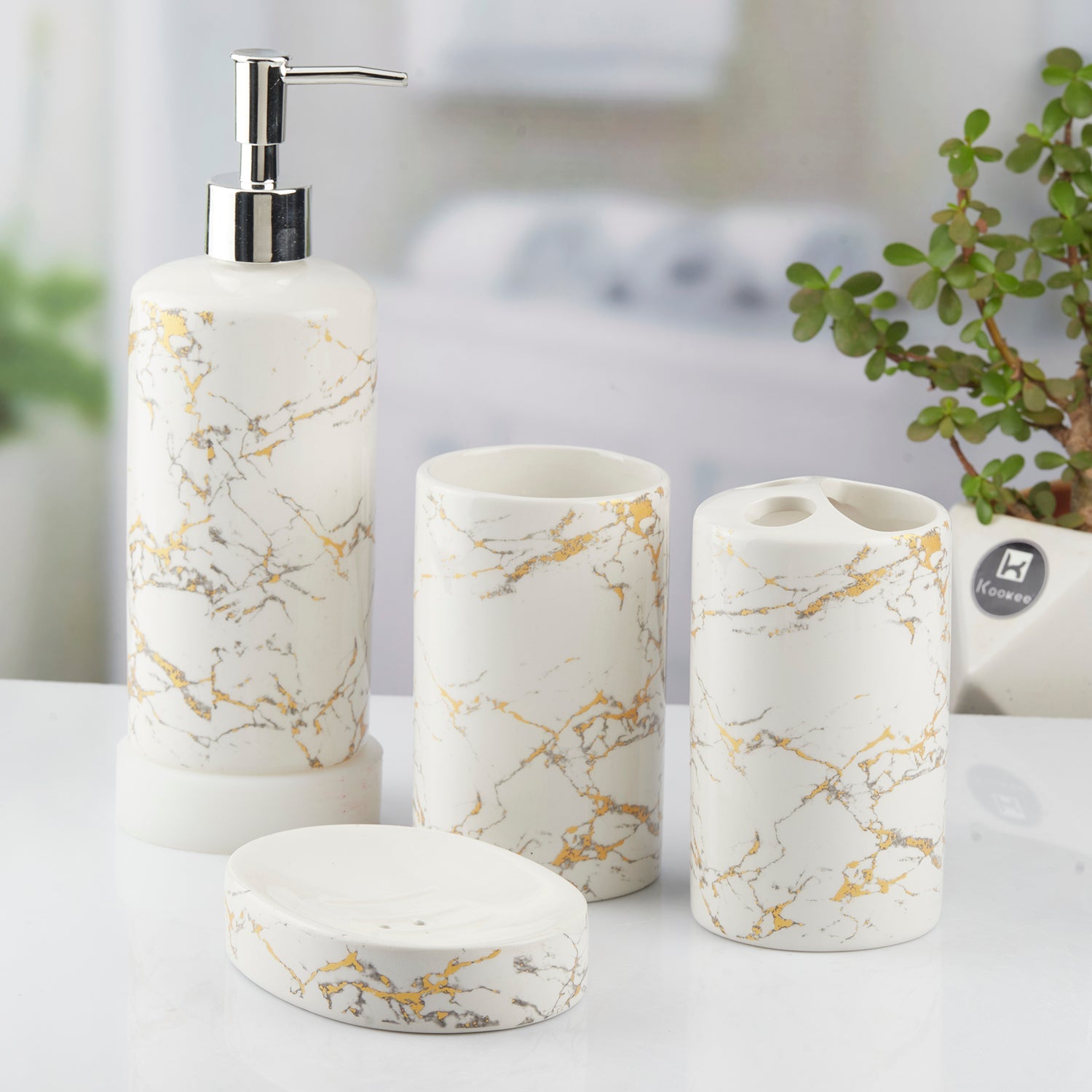 Ceramic Bathroom Set of 4 with Soap Dispenser (10389)