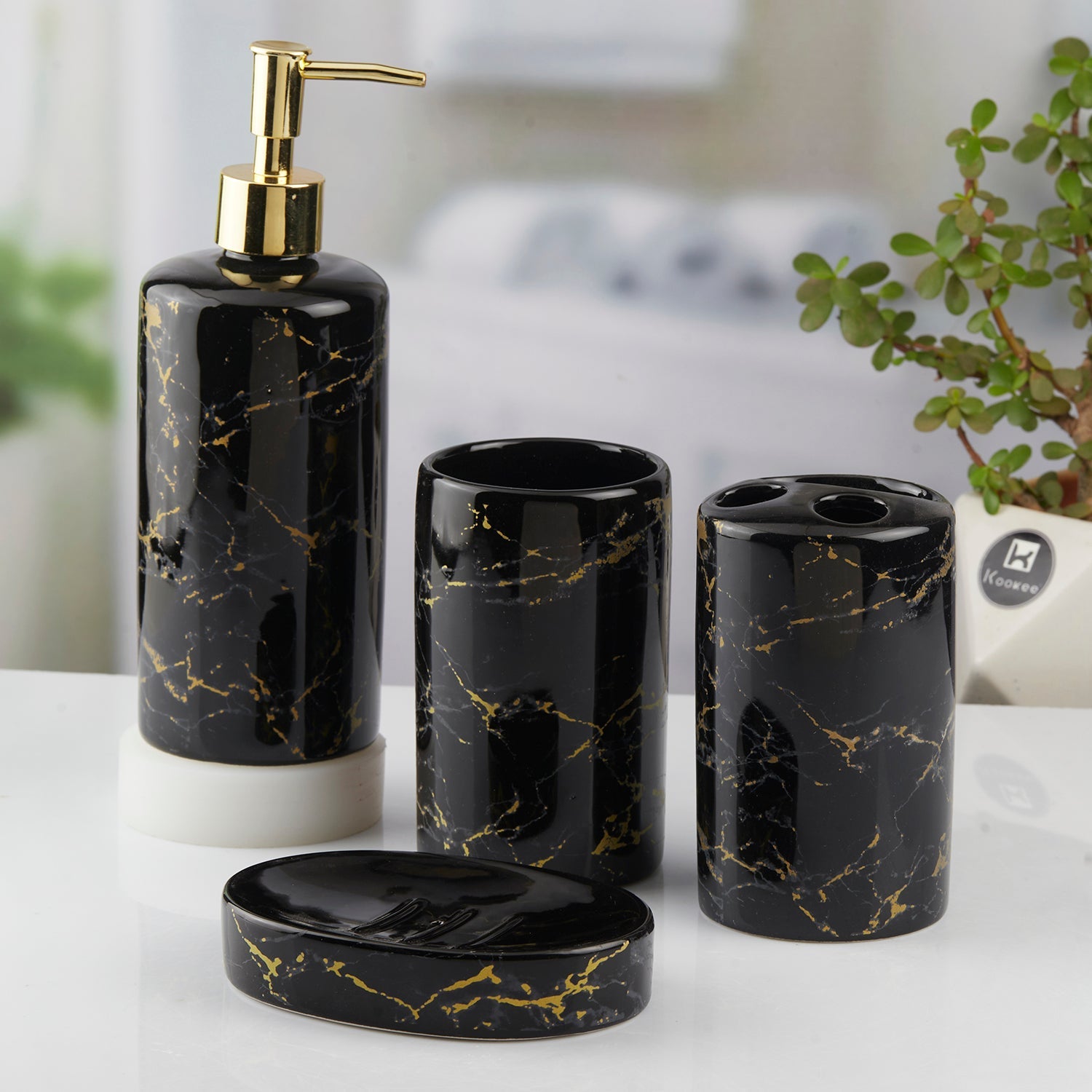 Ceramic Bathroom Set of 4 with Soap Dispenser (10389)