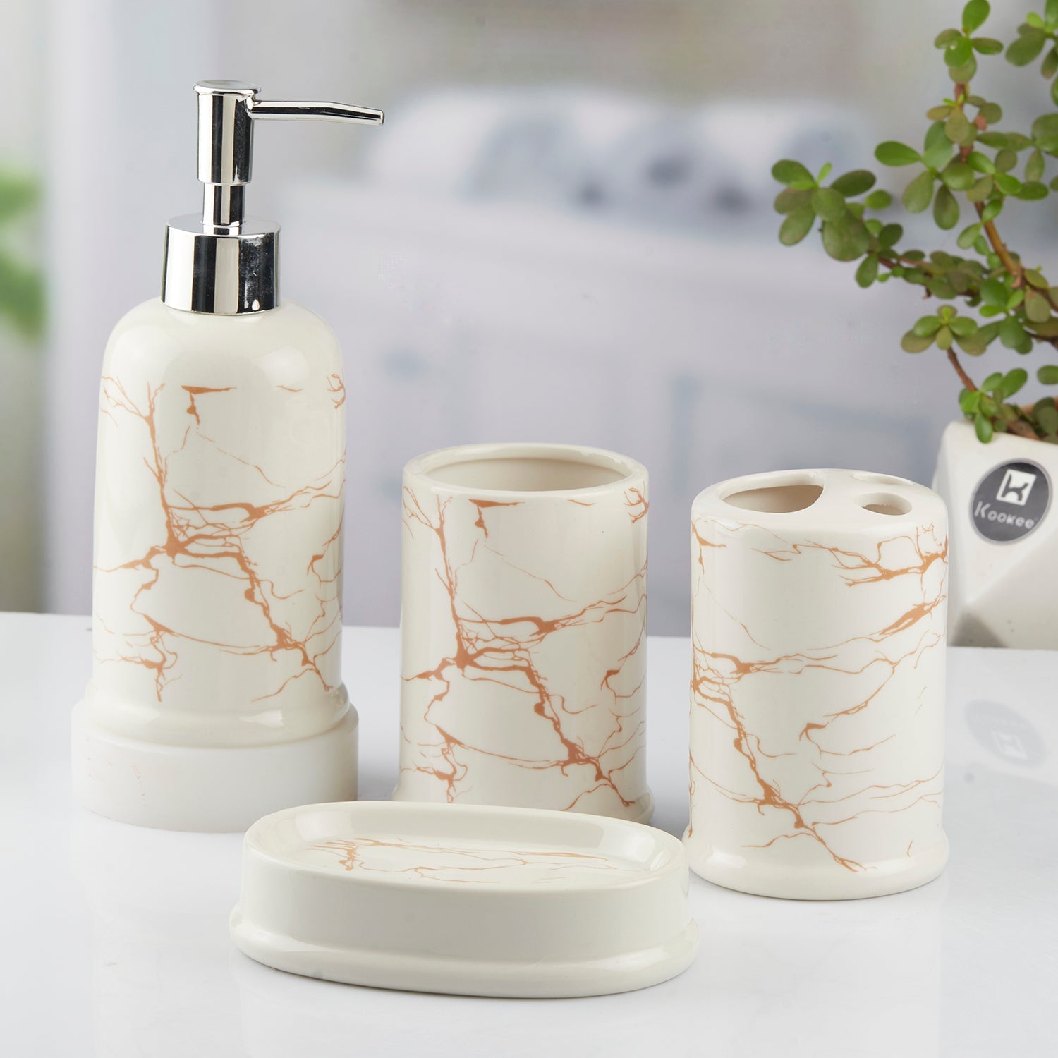 Ceramic Bathroom Accessories Set of 4 with Soap Dispenser (10392)