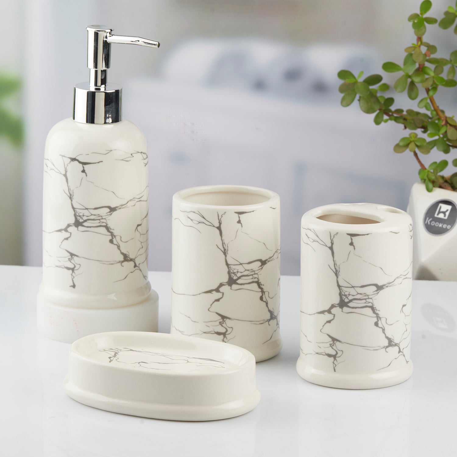 Ceramic Bathroom Accessories Set of 4 with Soap Dispenser (10392)