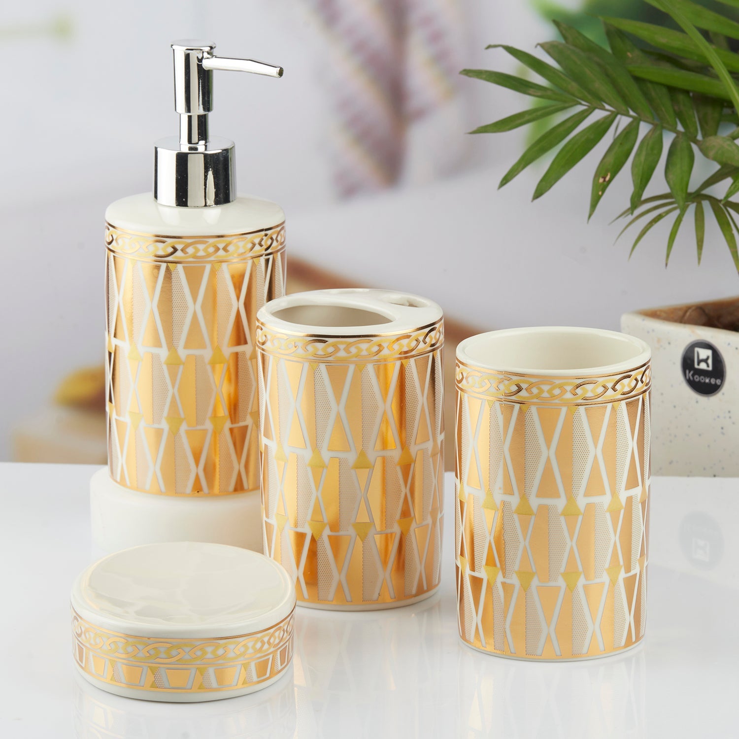 Ceramic Bathroom Set of 4 with Soap Dispenser (10394)