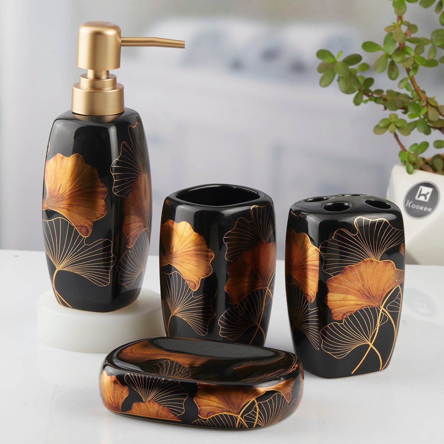 Ceramic Bathroom Set of 4 with Soap Dispenser (10396)