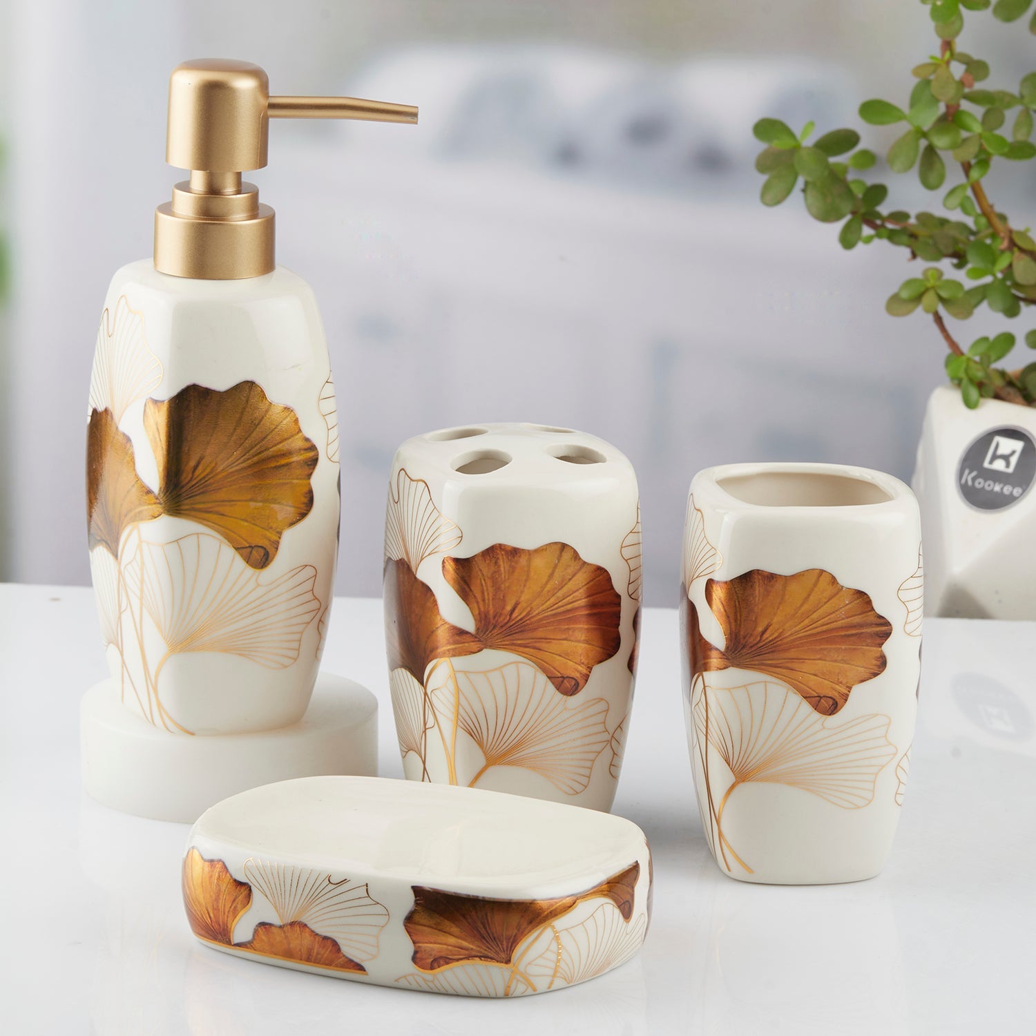Ceramic Bathroom Set of 4 with Soap Dispenser (10397)
