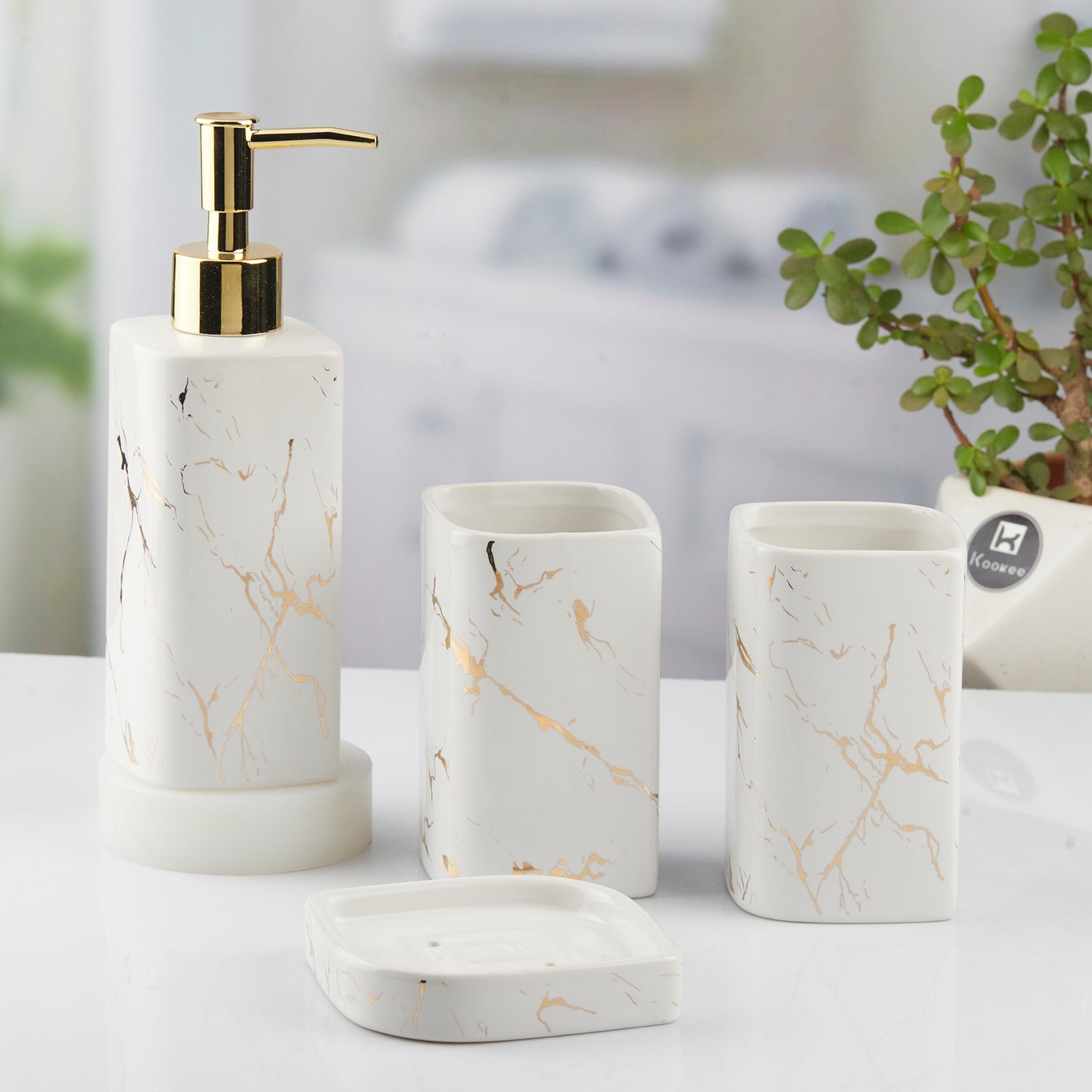 Ceramic Bathroom Set of 4 with Soap Dispenser (10398)