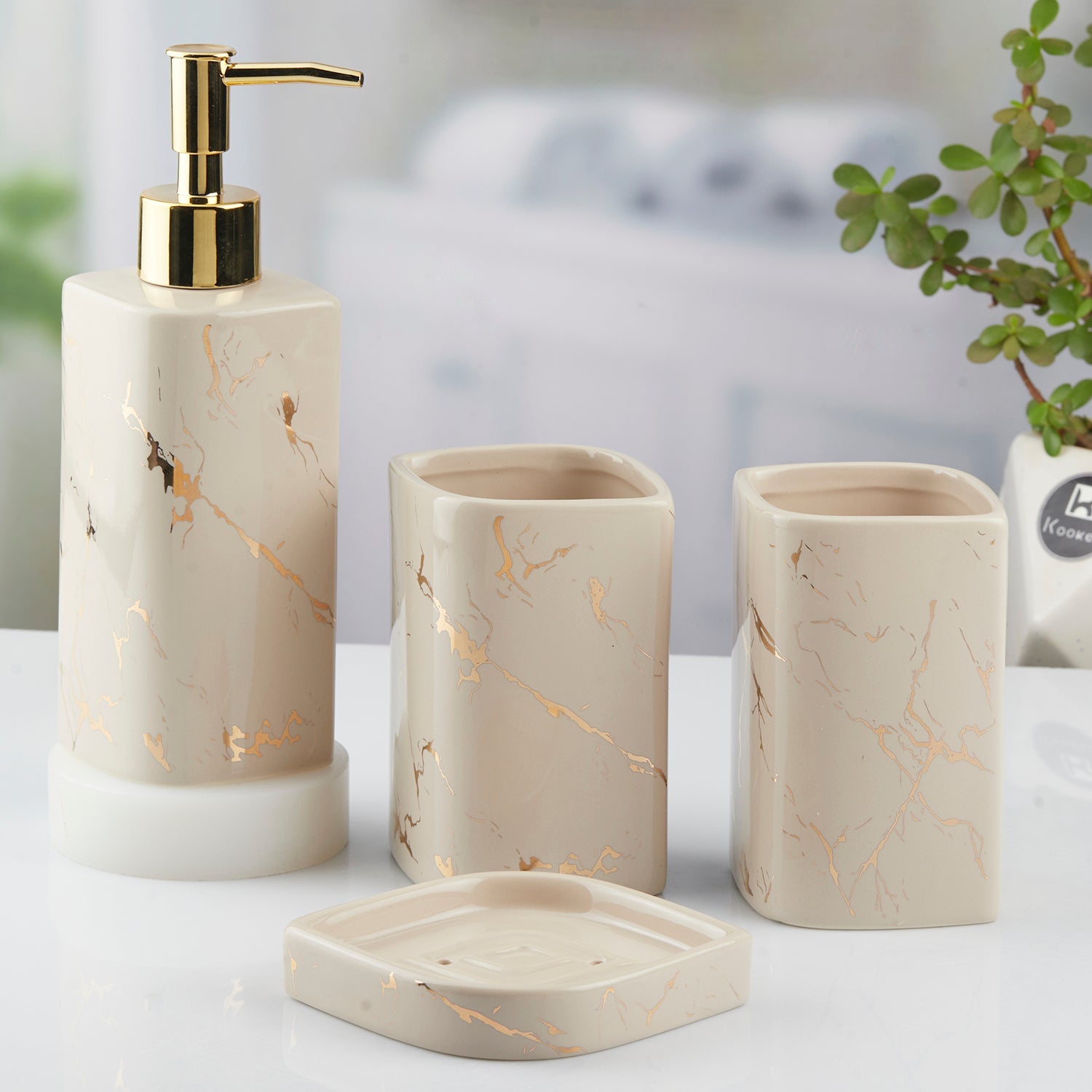 Ceramic Bathroom Set of 4 with Soap Dispenser (10398)