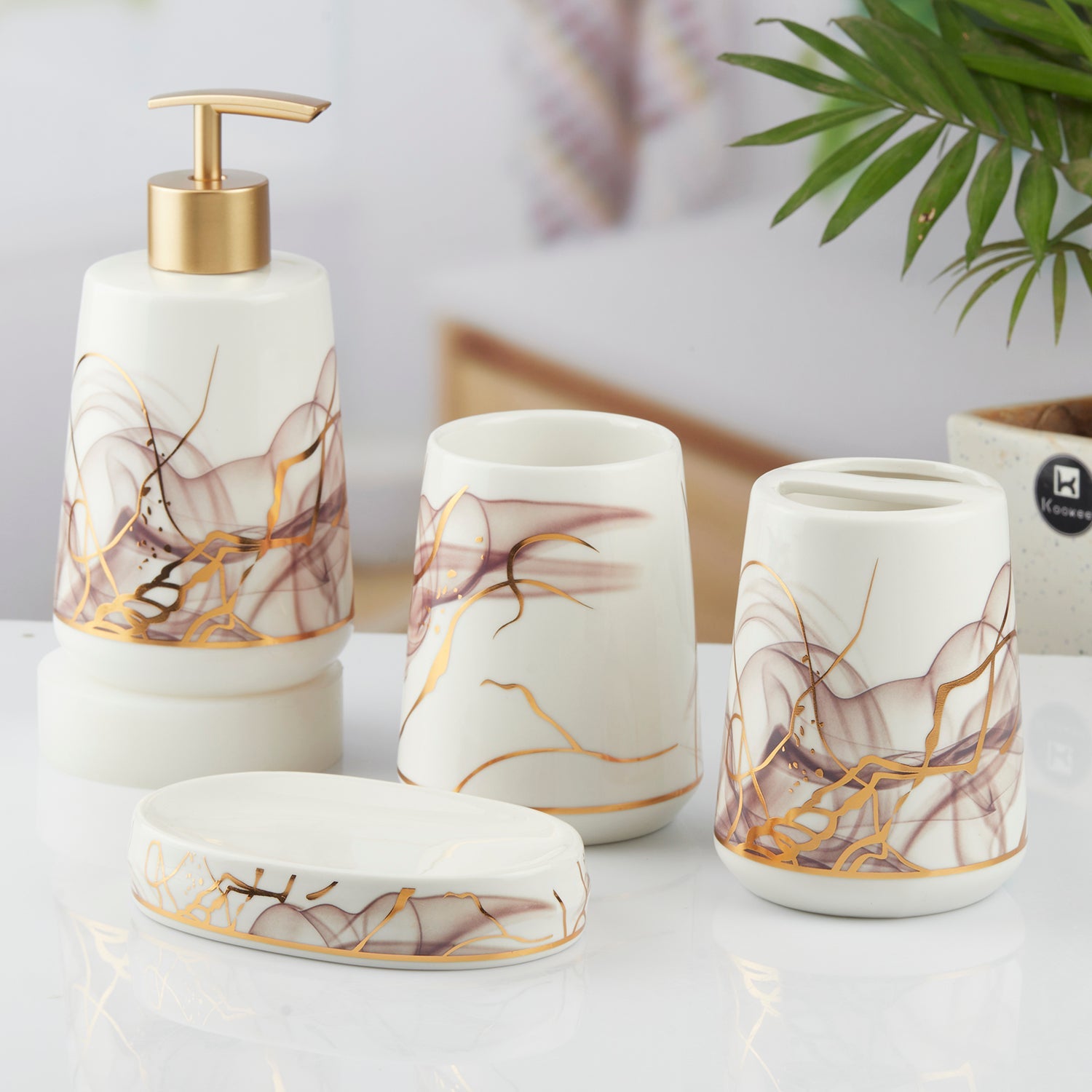 Ceramic Bathroom Set of 4 with Soap Dispenser (10427)