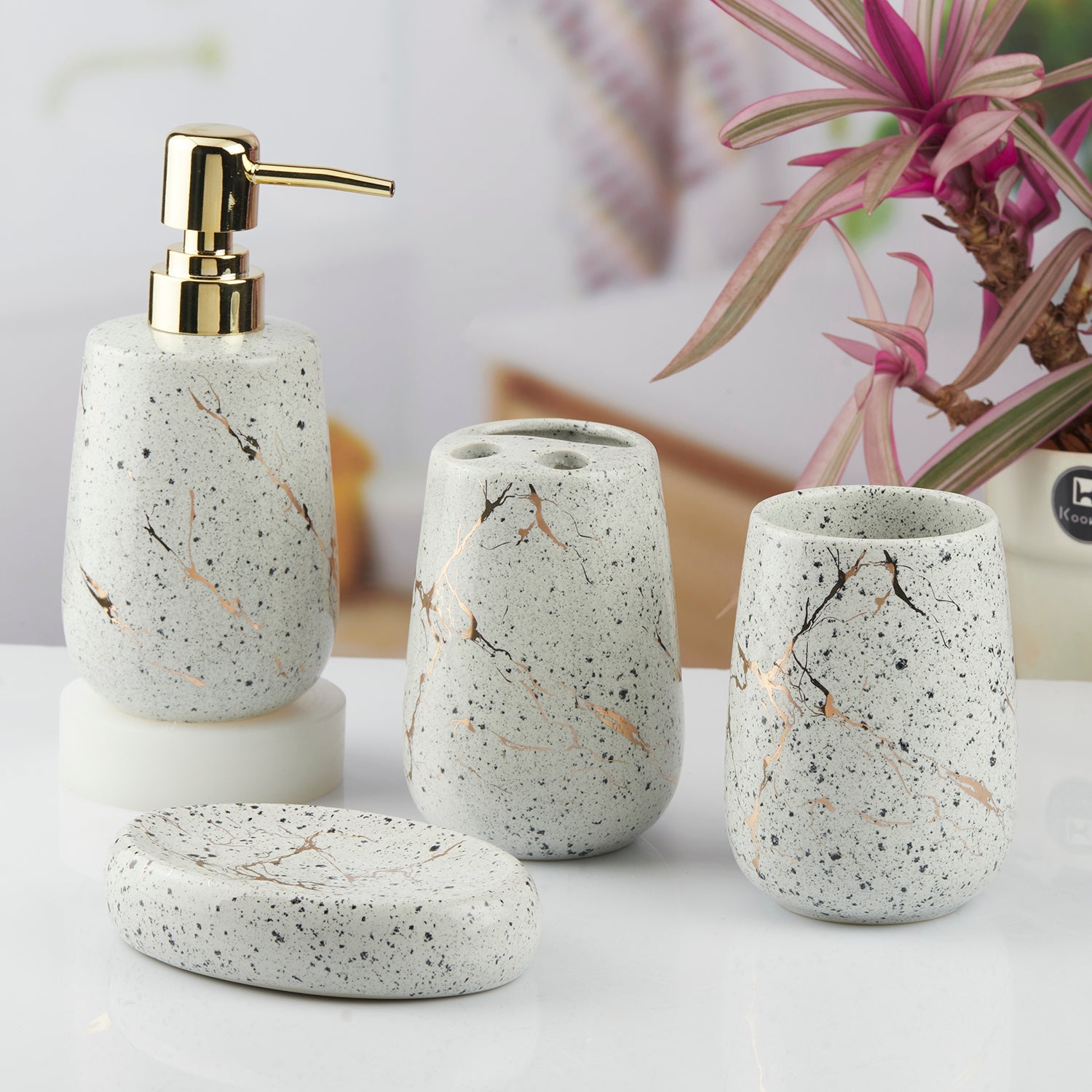 Ceramic Bathroom Set of 4 with Soap Dispenser (10428)