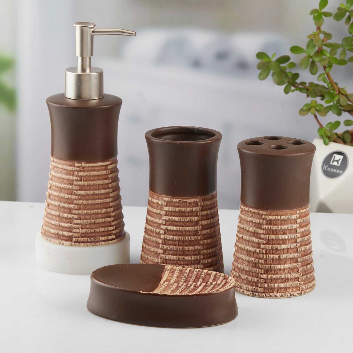 Ceramic Bathroom Set of 4 with Soap Dispenser (10436)