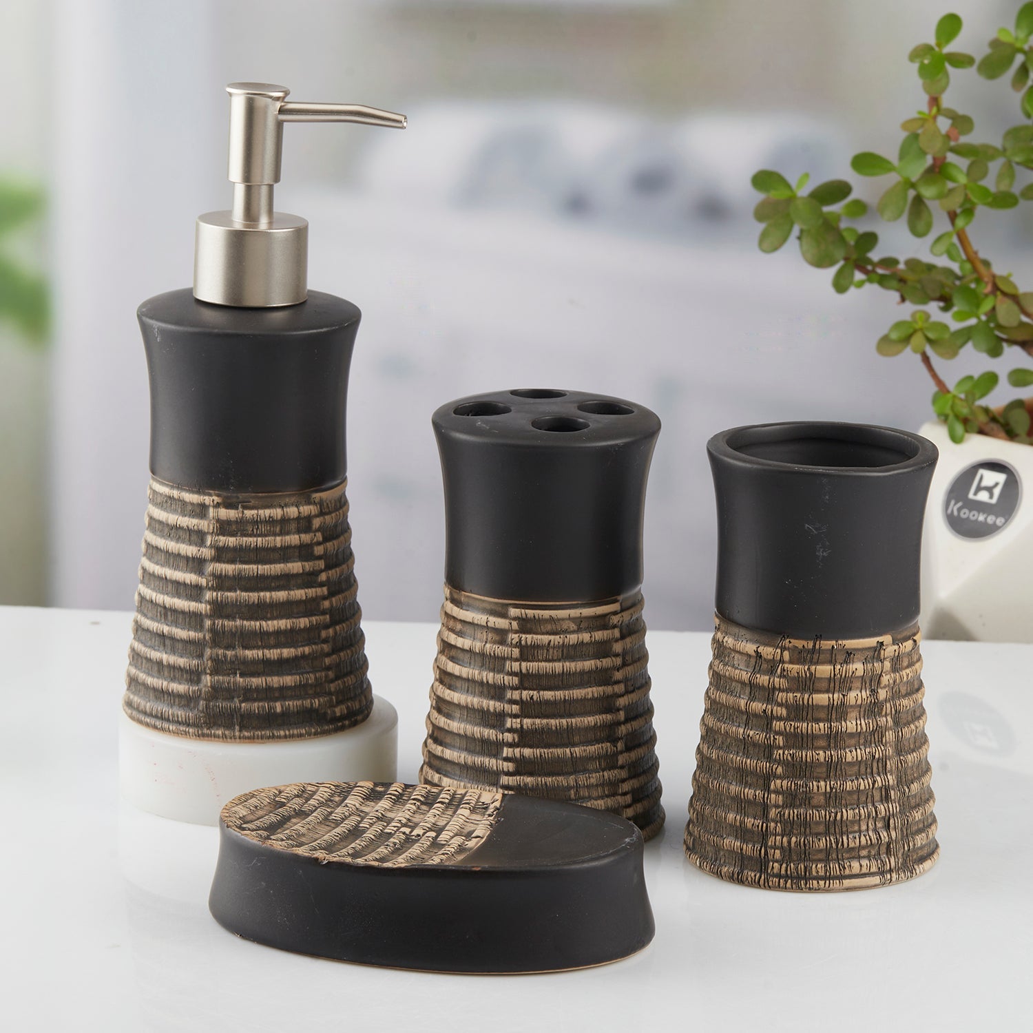 Ceramic Bathroom Set of 4 with Soap Dispenser (10436)