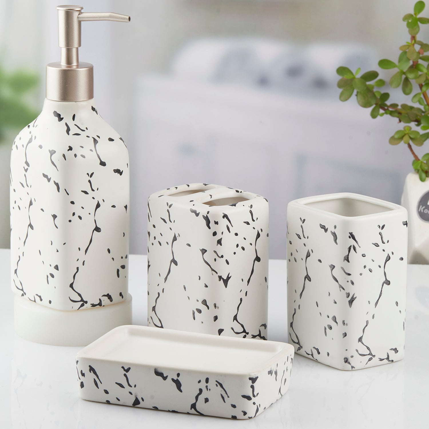 Ceramic Bathroom Accessories Set of 4 with Soap Dispenser (10445)