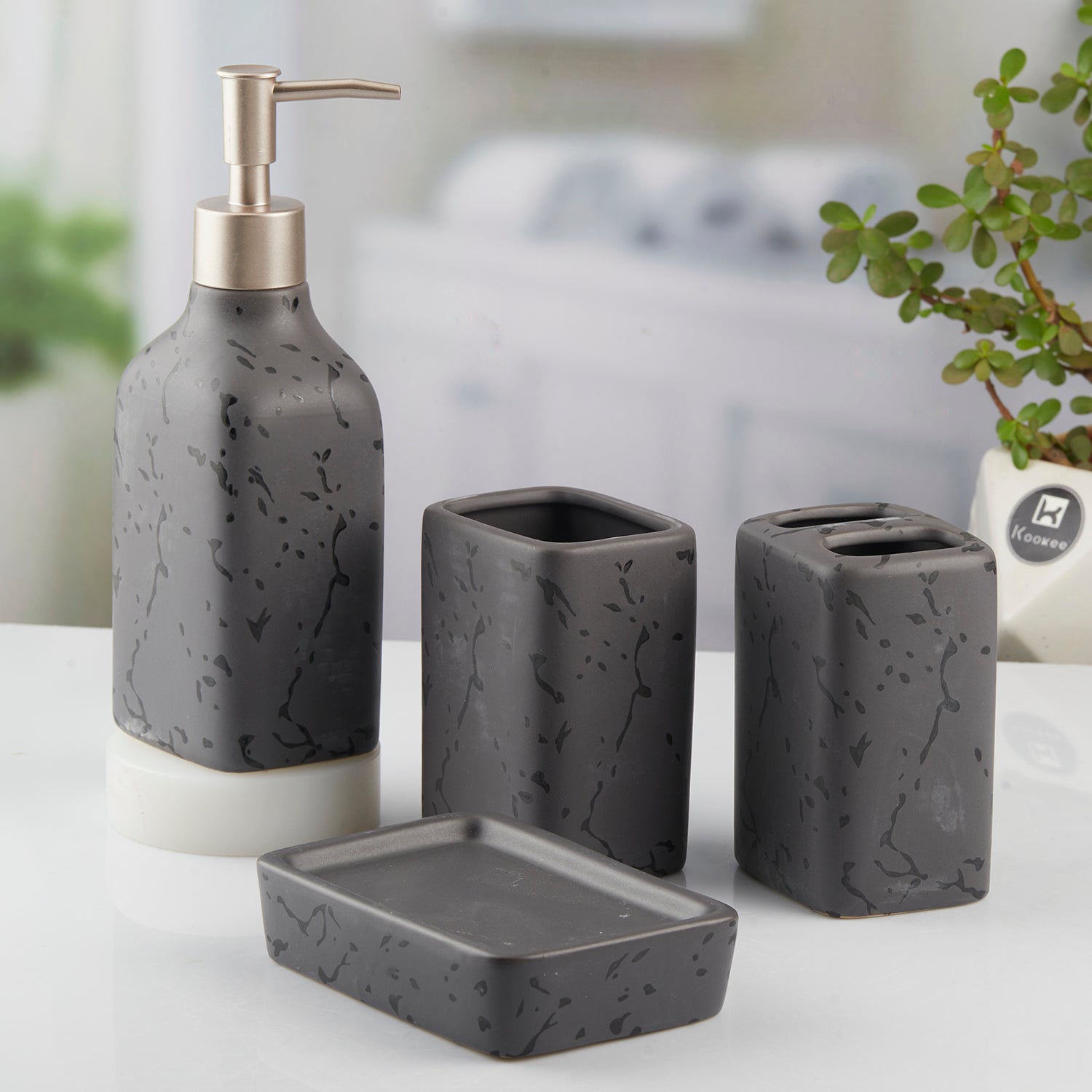 Ceramic Bathroom Accessories Set of 4 with Soap Dispenser (10446)