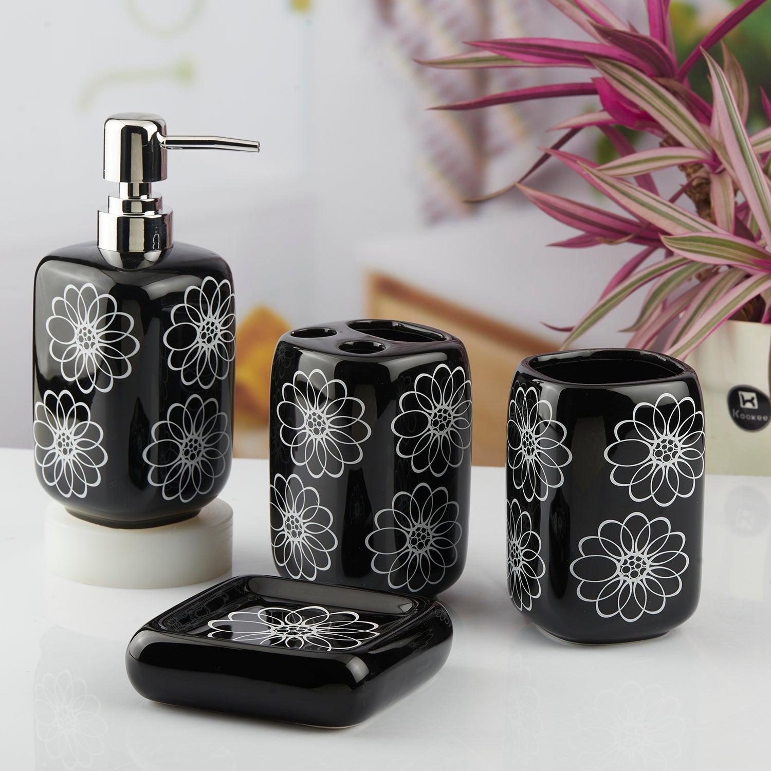 Ceramic Bathroom Accessories Set of 4 with Soap Dispenser (10449)