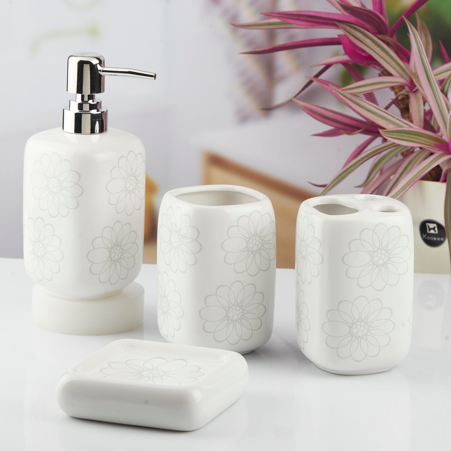Ceramic Bathroom Accessories Set of 4 with Soap Dispenser (10449)