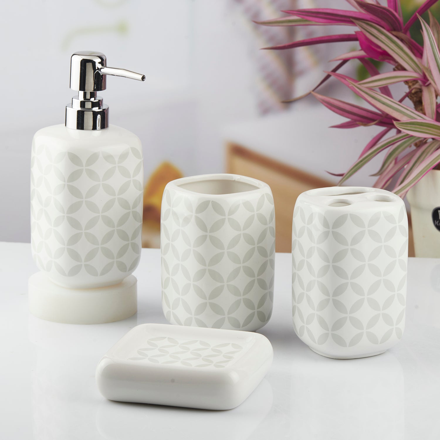 Ceramic Bathroom Accessories Set of 4 with Soap Dispenser (10449)