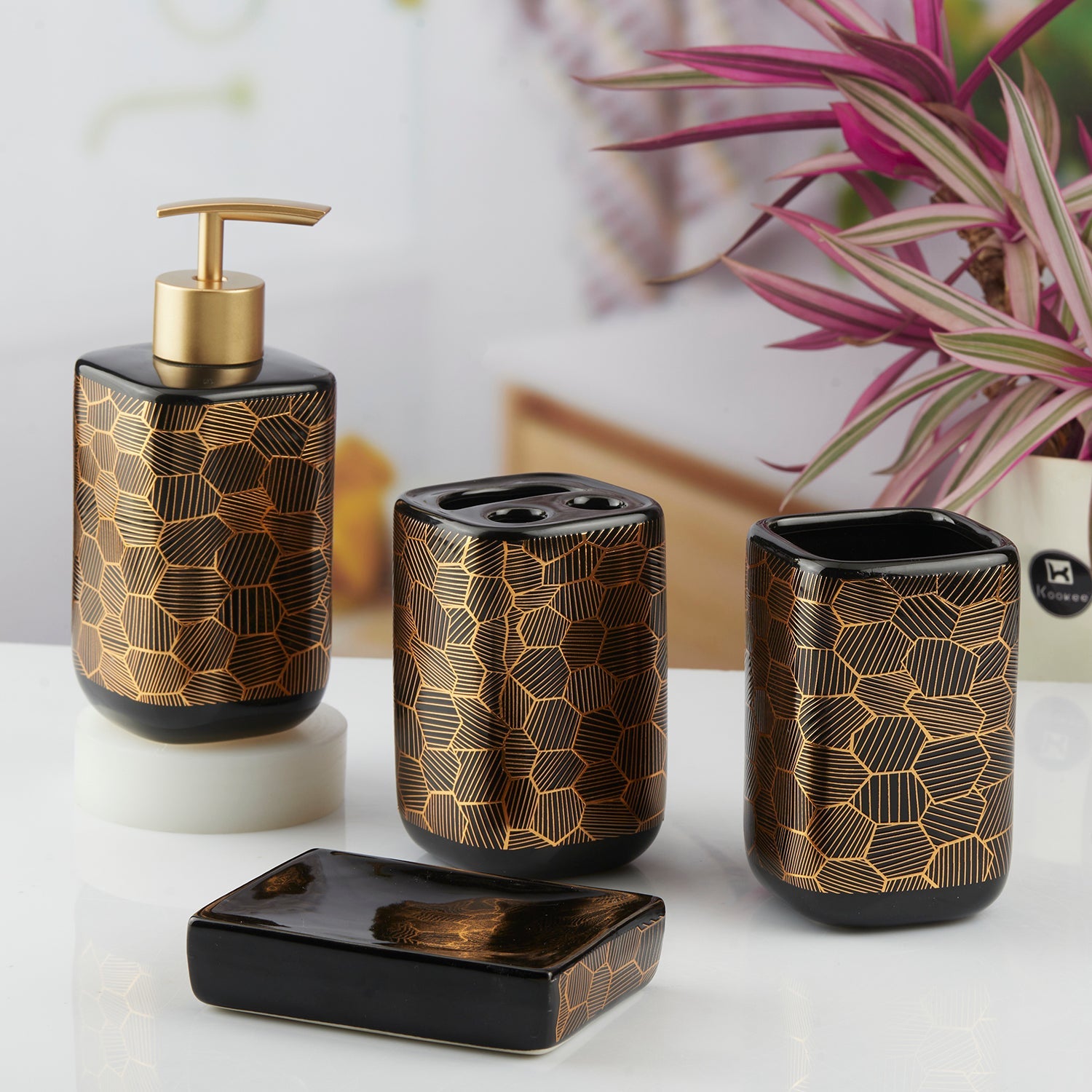 Ceramic Bathroom Set of 4 with Soap Dispenser (10458)