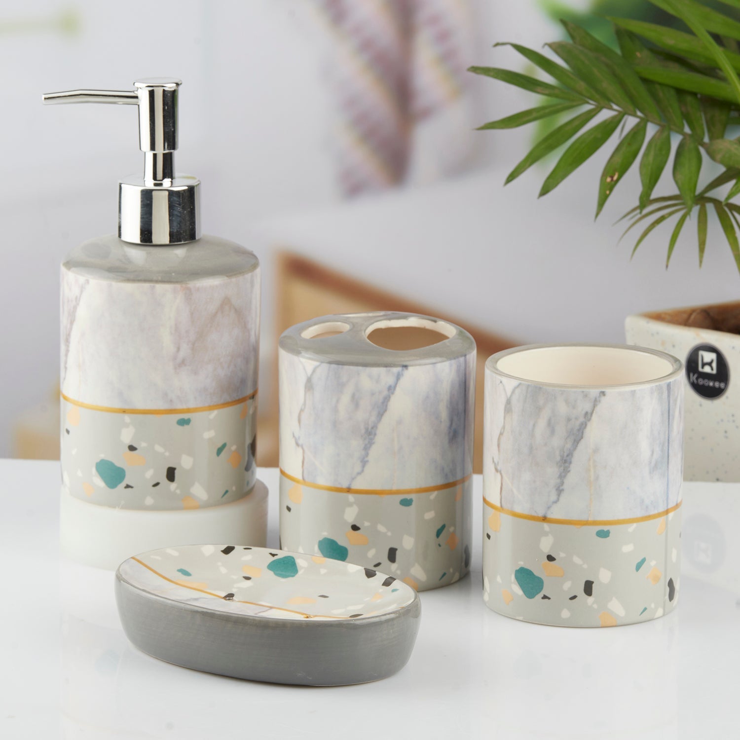 Ceramic Bathroom Set of 4 with Soap Dispenser (10472)