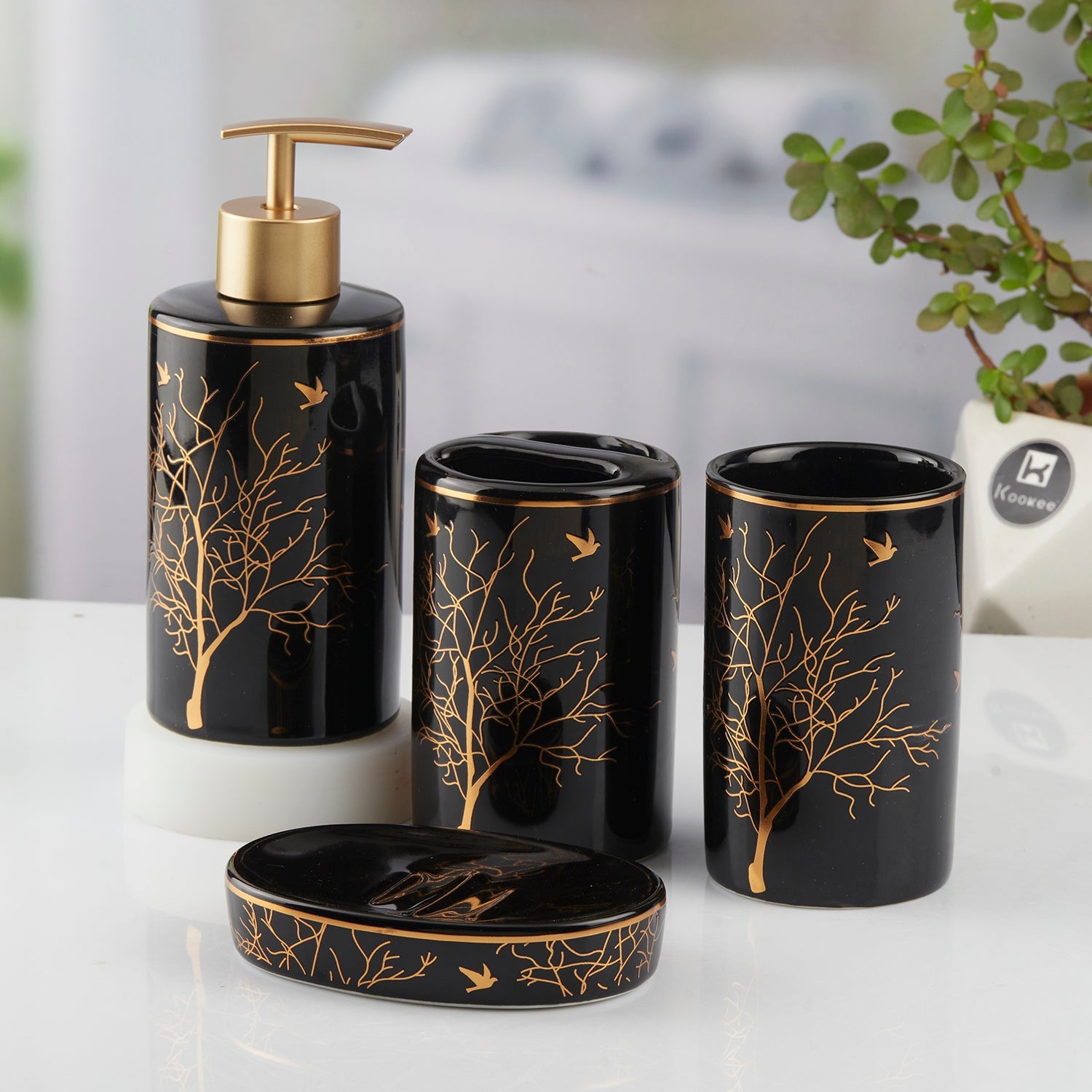 Ceramic Bathroom Set of 4 with Soap Dispenser (10473)