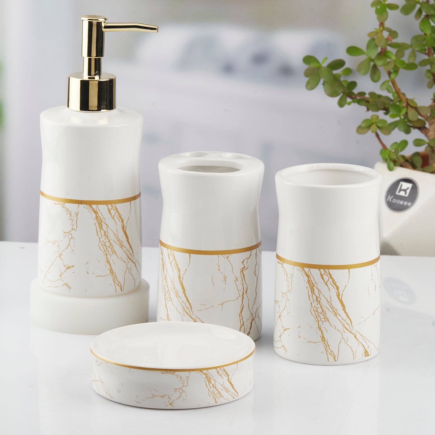 Ceramic Bathroom Set of 4 with Soap Dispenser (10476)