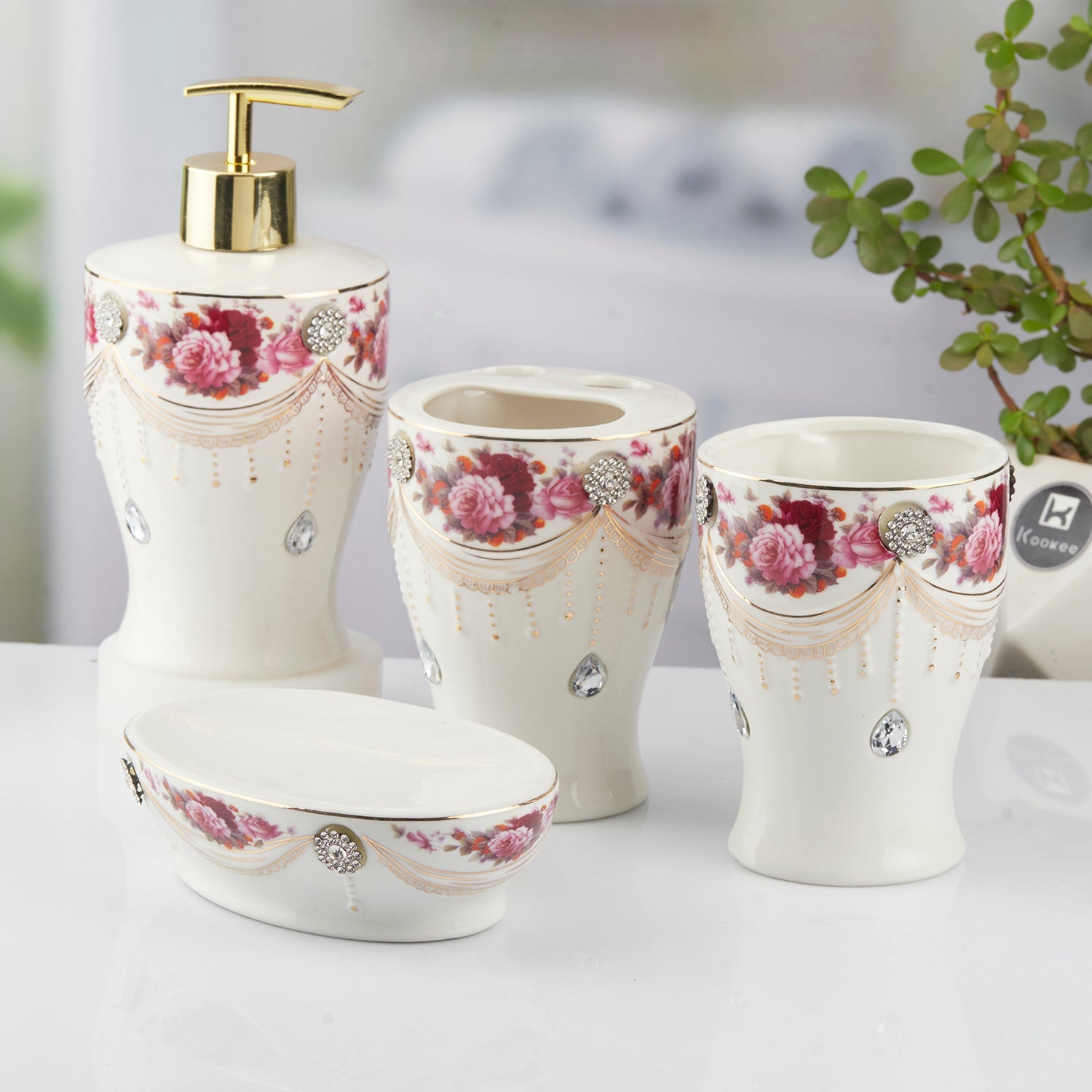 Ceramic Bathroom Set of 4 with Soap Dispenser (10477)