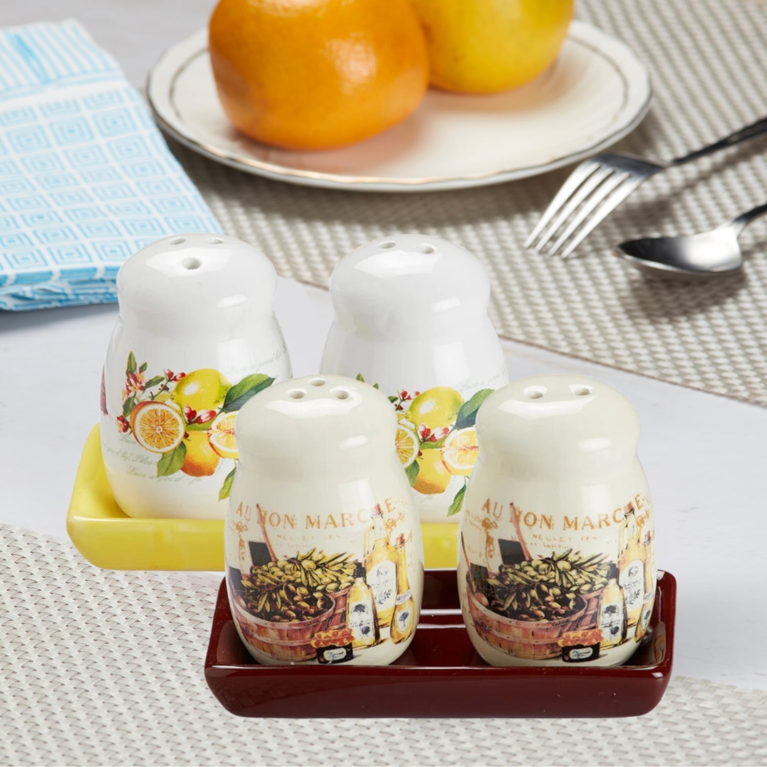 Ceramic Salt and Pepper Set with tray, Printed Design, White (8590)