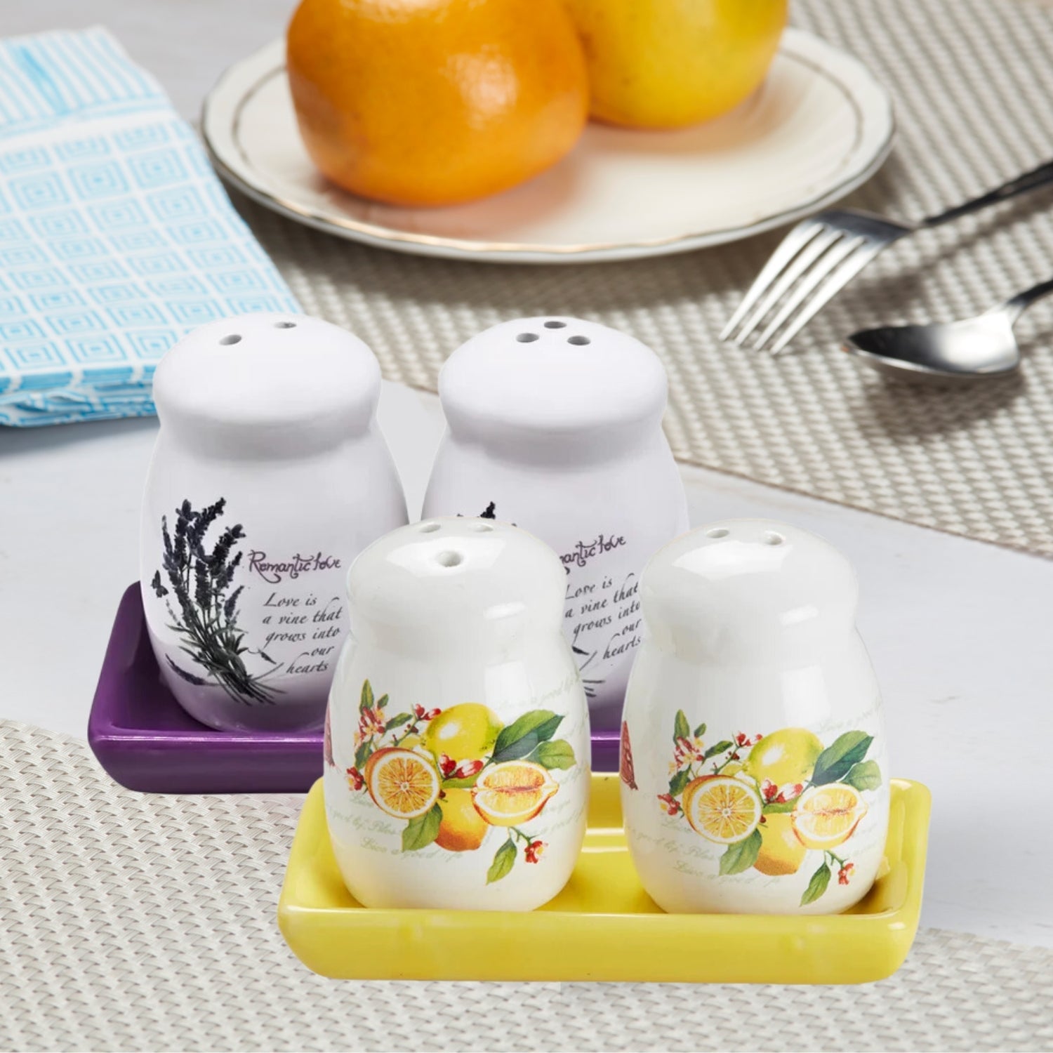 Ceramic Salt and Pepper Set with tray, Printed Design, White (8590)