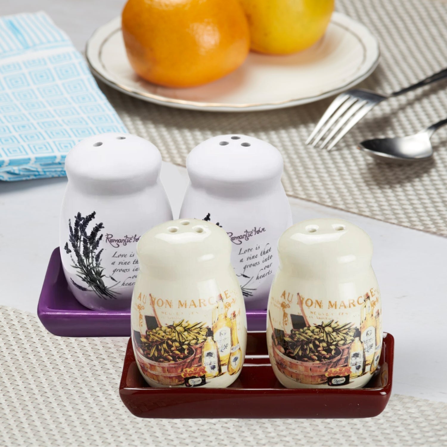 Ceramic Salt and Pepper Set with tray, Printed Design, White (8590)