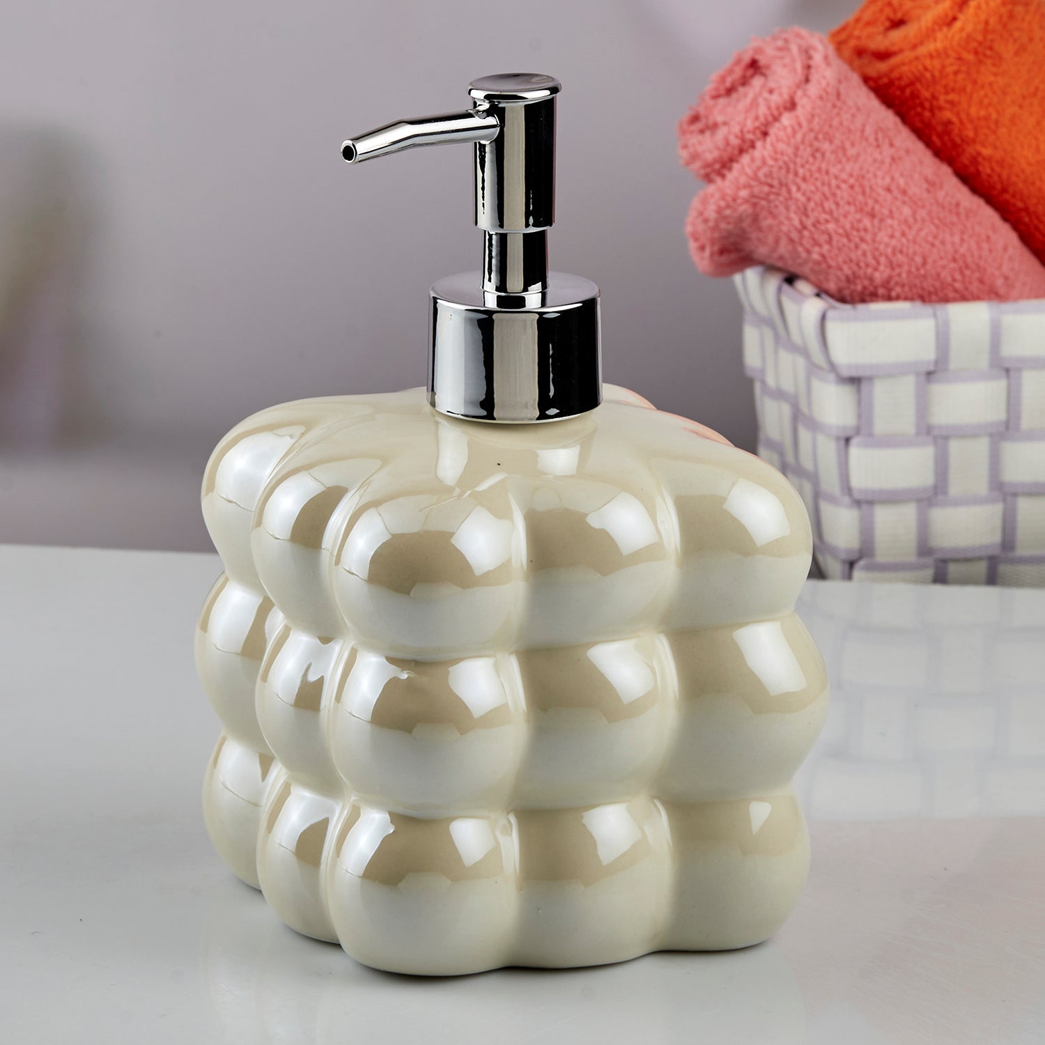 Ceramic Soap Dispenser liquid handwash pump for Bathroom, Set of 1, Beige (10609)