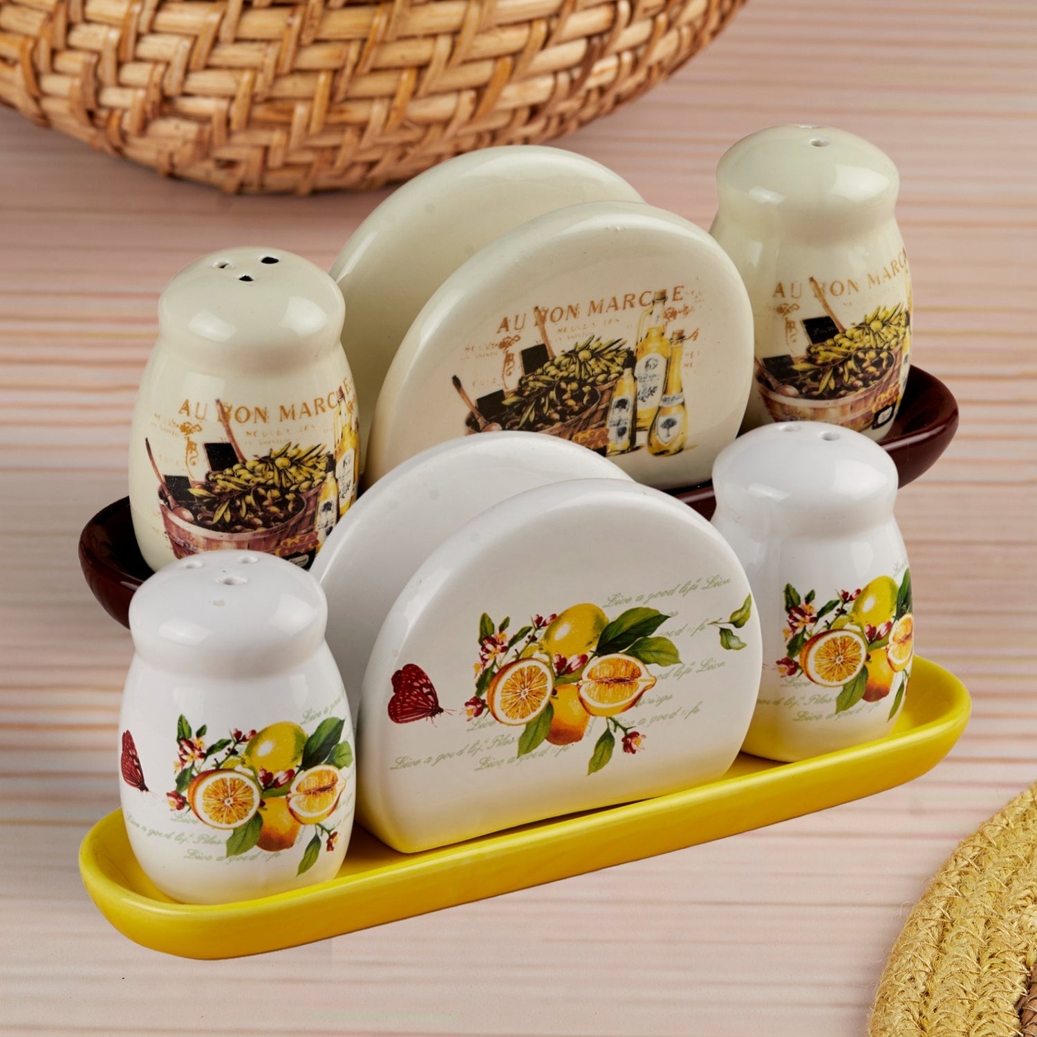 Ceramic Salt Pepper Container Set with tray (Pack of 2) (10652)