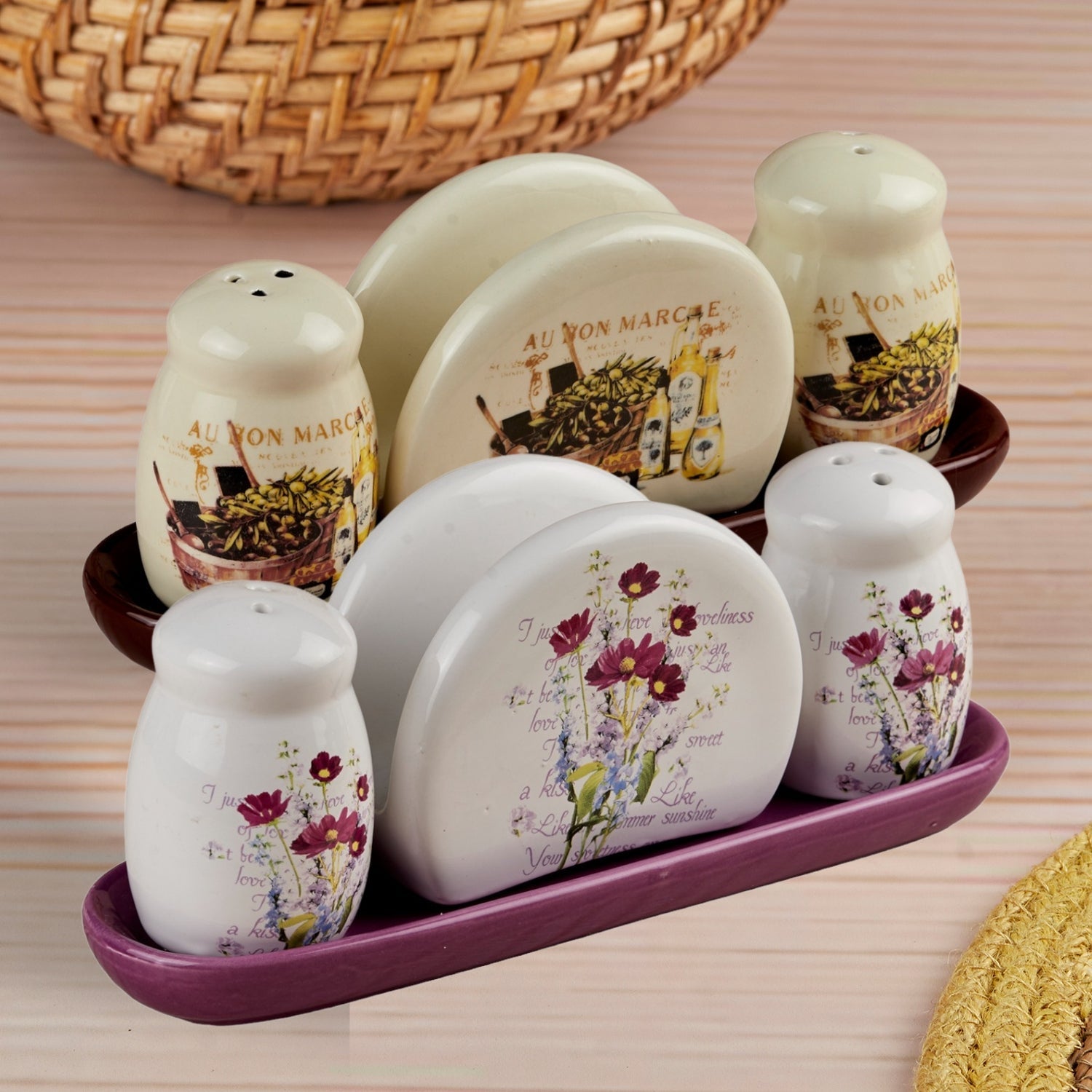 Ceramic Salt Pepper Container Set with tray (Pack of 2) (10652)
