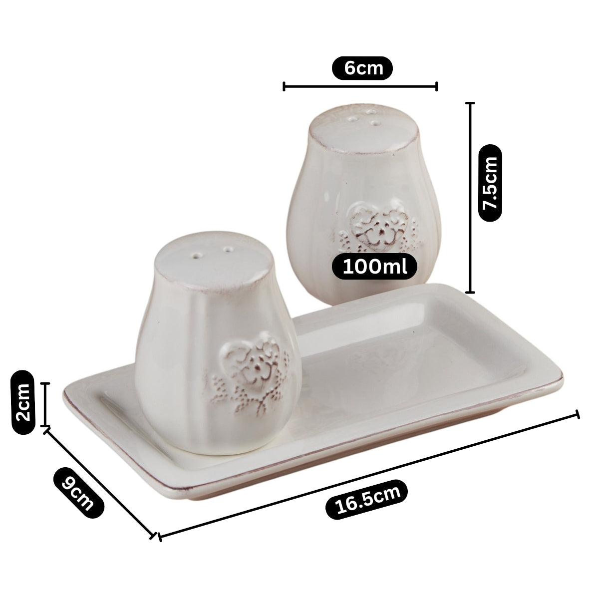 Ceramic Salt and Pepper Shakers Set with tray for Dining Table (10656)