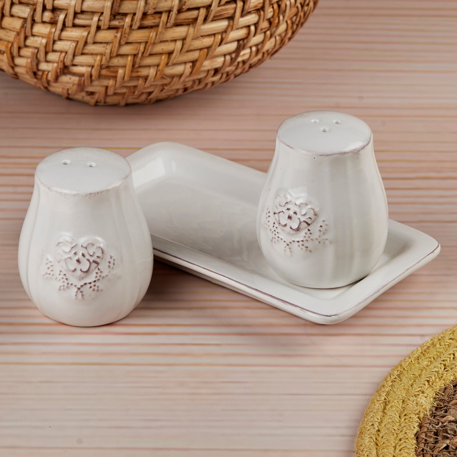 Ceramic Salt and Pepper Shakers Set with tray for Dining Table (10656)