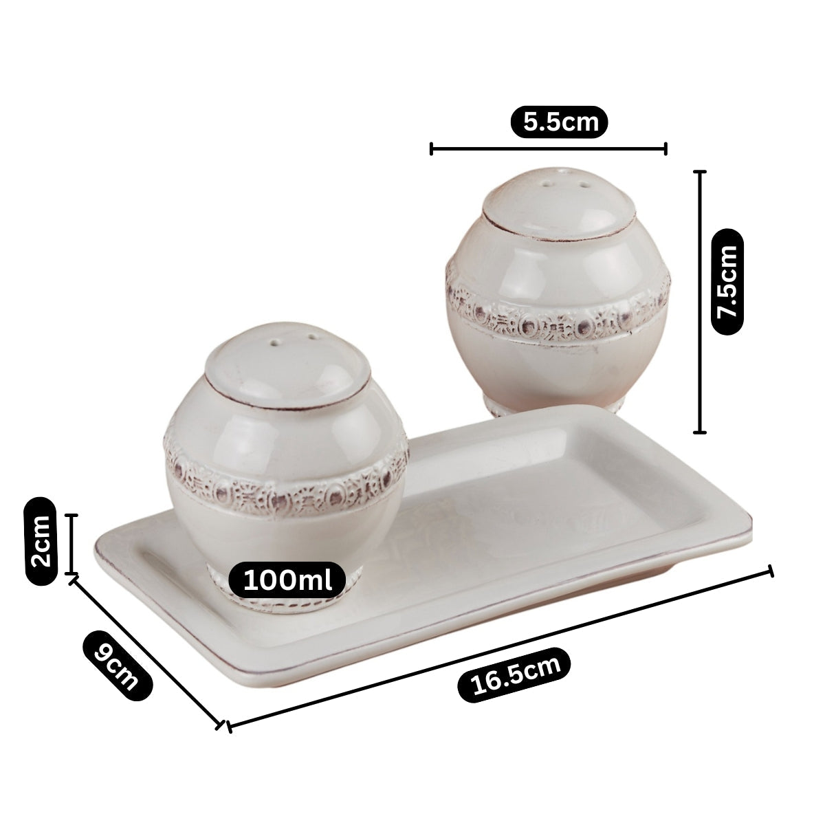 Ceramic Salt and Pepper Shakers Set with tray for Dining Table (10657)