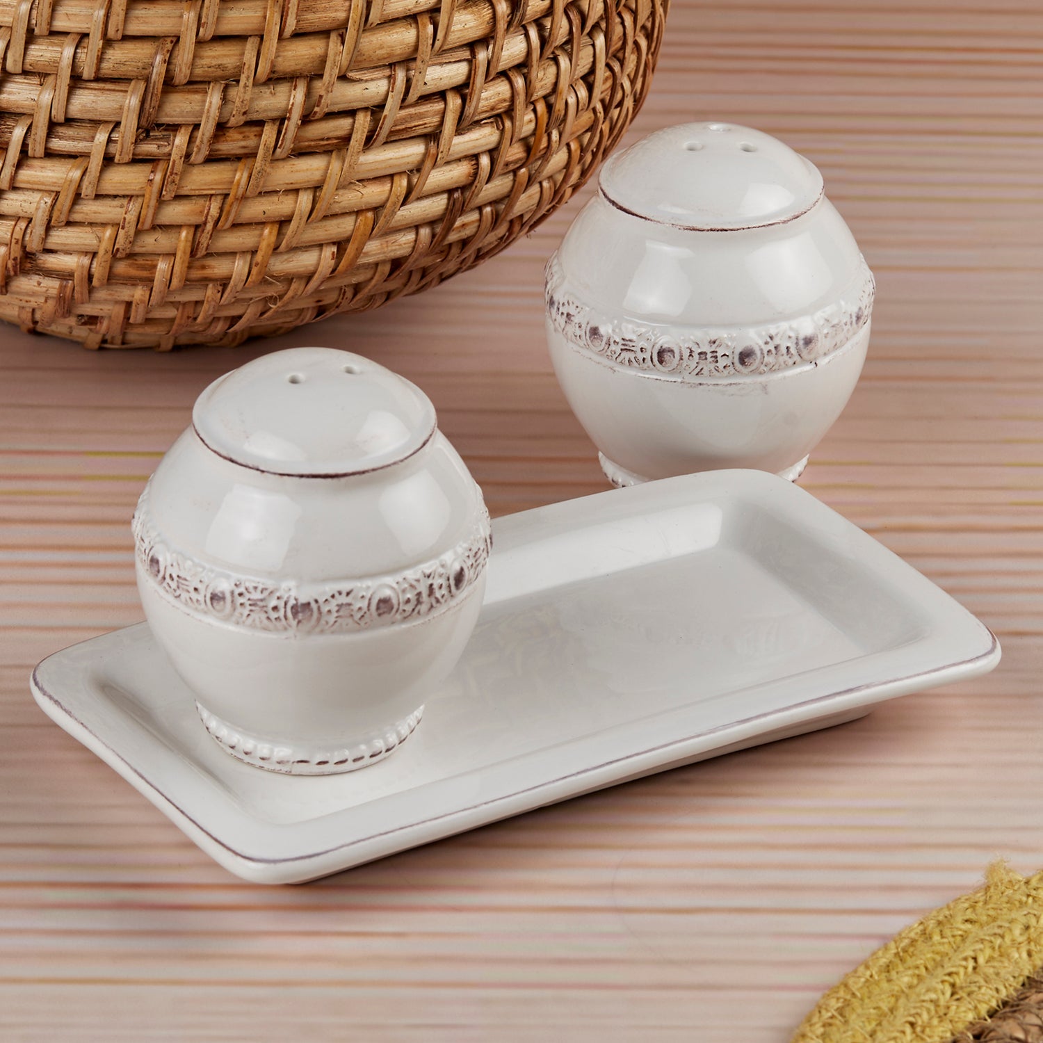 Ceramic Salt and Pepper Shakers Set with tray for Dining Table (10657)