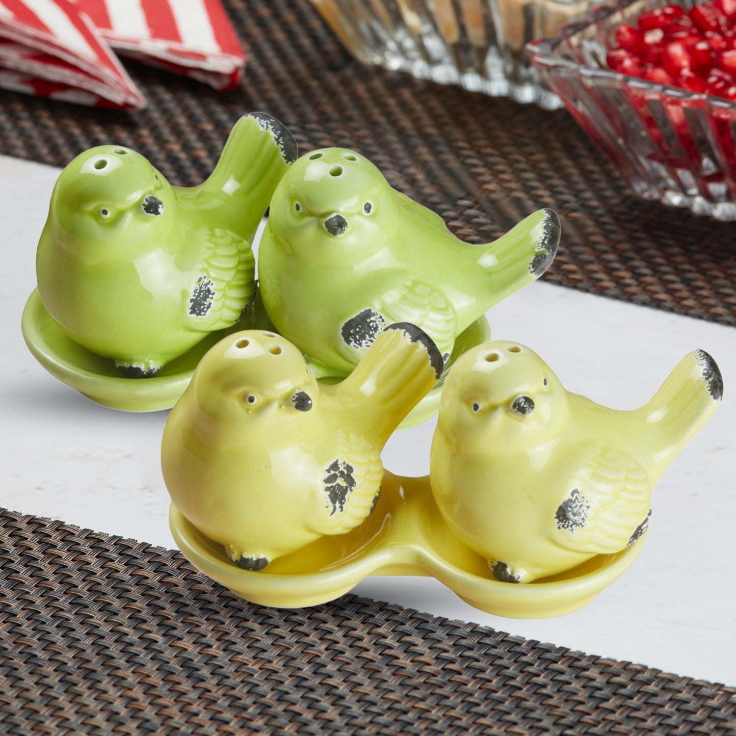 Ceramic Salt and Pepper Set with tray, Sparrow, Pink (10275)