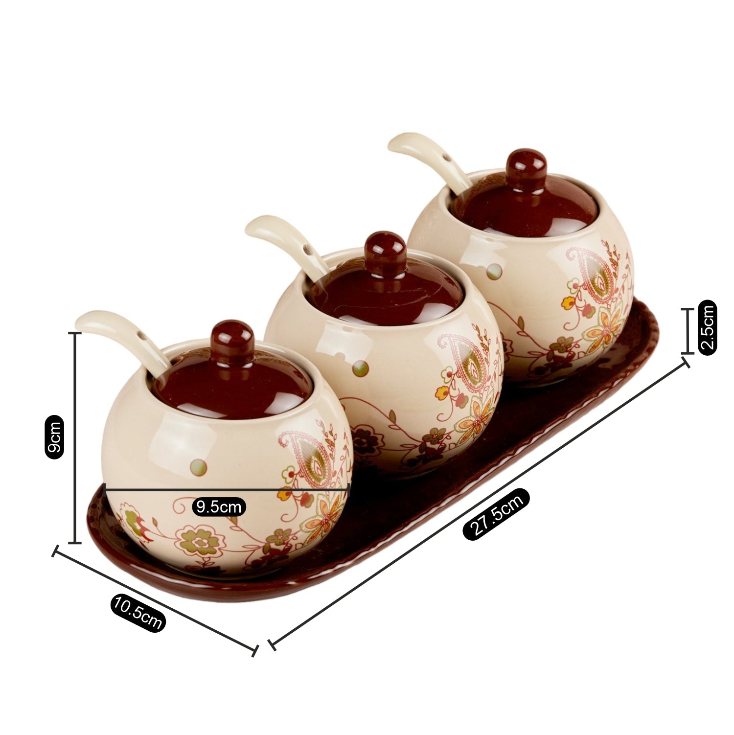 Ceramic Condiment Jars and Containers Set of 3 with Tray and Spoon (10679)