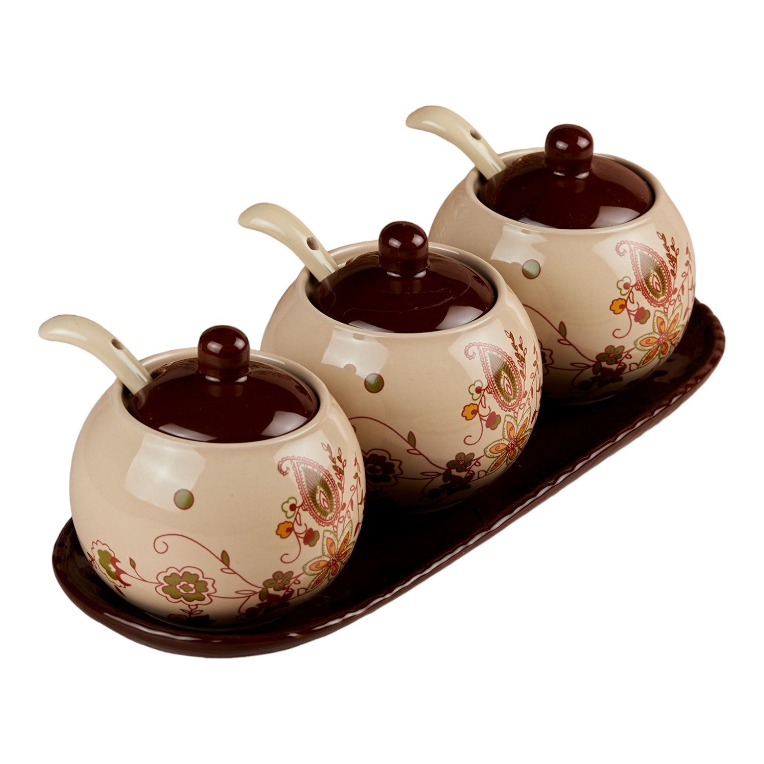 Ceramic Condiment Jars and Containers Set of 3 with Tray and Spoon (10679)