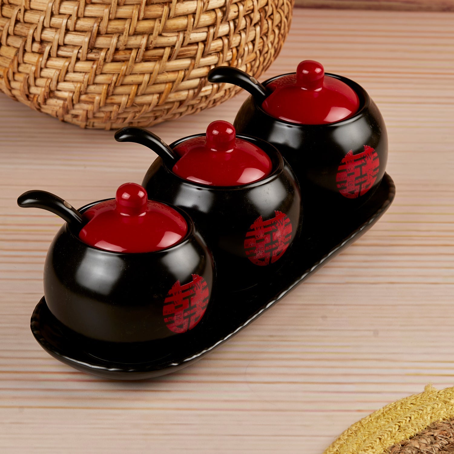 Ceramic Condiment Jars and Containers Set of 3 with Tray and Spoon (10679)