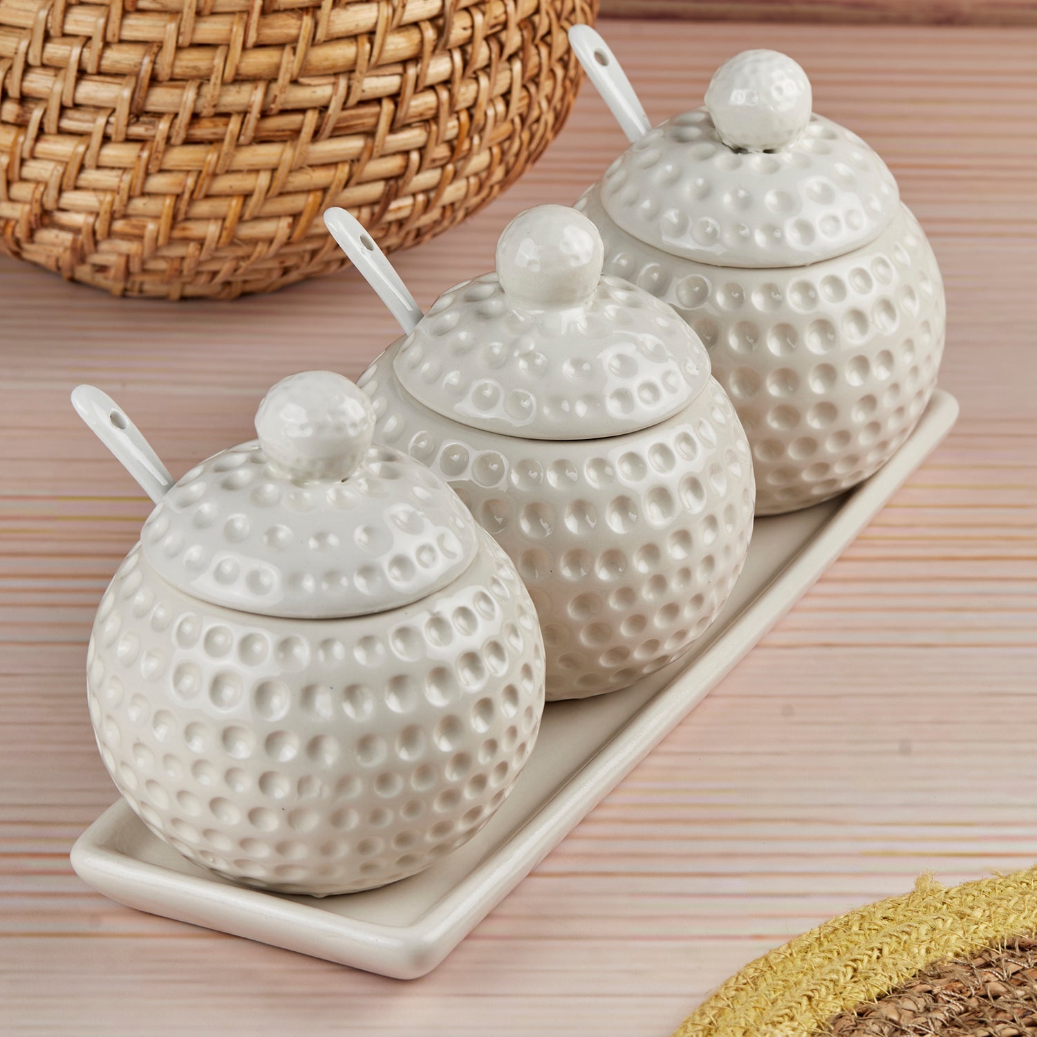 Ceramic Condiment Jars and Containers Set of 3 with Tray and Spoon for Kitchen (10681)
