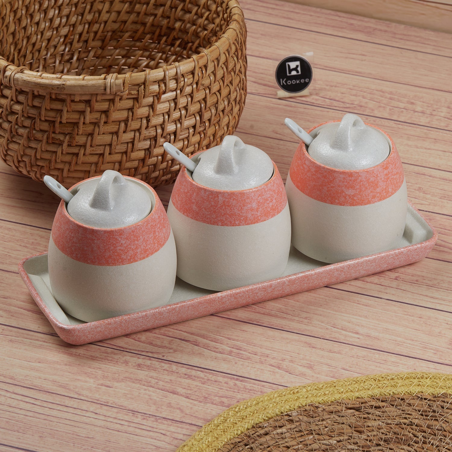 Ceramic Condiment Jars and Containers Set of 3 with Tray and Spoon for Kitchen (10678)