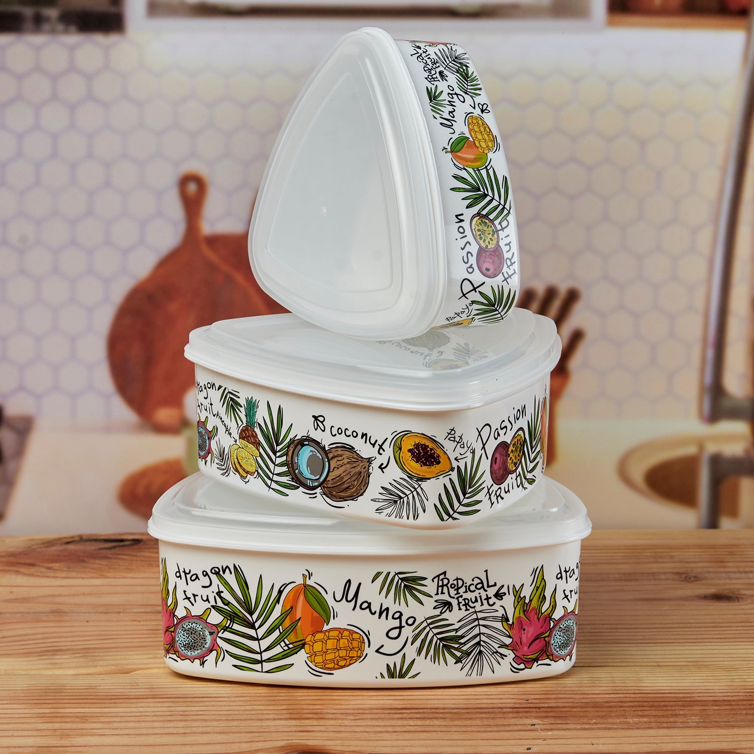 Plastic Airtight Container with Lid, Set of 3, Triangle (10694)